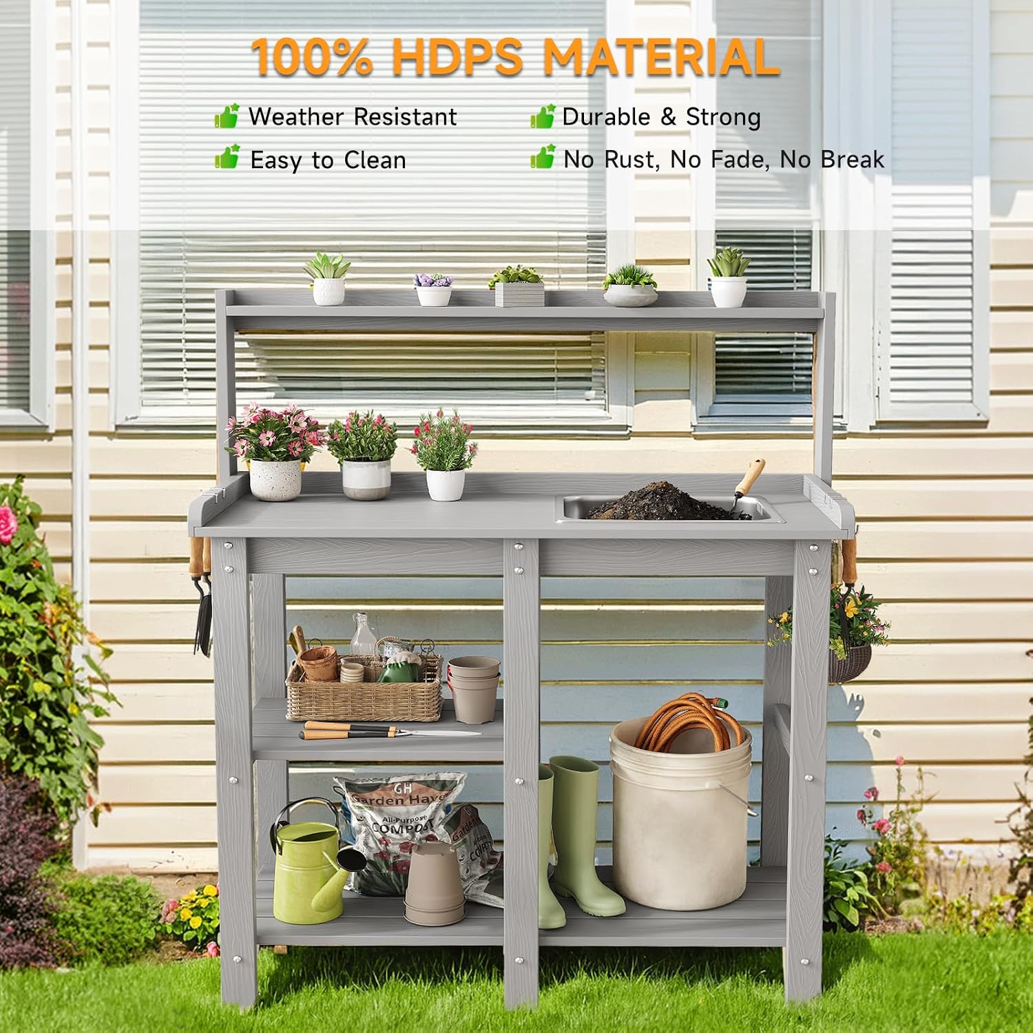 ONBRILL Potting Bench, Outdoor Potting Bench Table with Removable Sink, HDPS Potting Benches for Outside, Garden Table with Storage Shelves & 4 Side Hooks, No Rot, No Fade, No Break, 360lbs Capacity