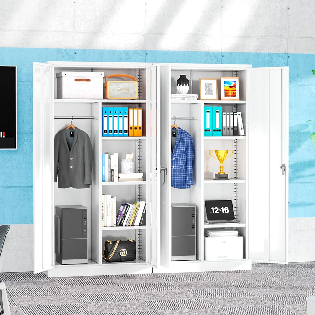 Pataku 71' Metal Wardrobe Storage Cabinet Armoire, Locking Cabinet Locker with Hanging Rod, Steel Garage Storage Closet with 4 Adjustable Shelves for Office, Home, Employee, Broom(White)