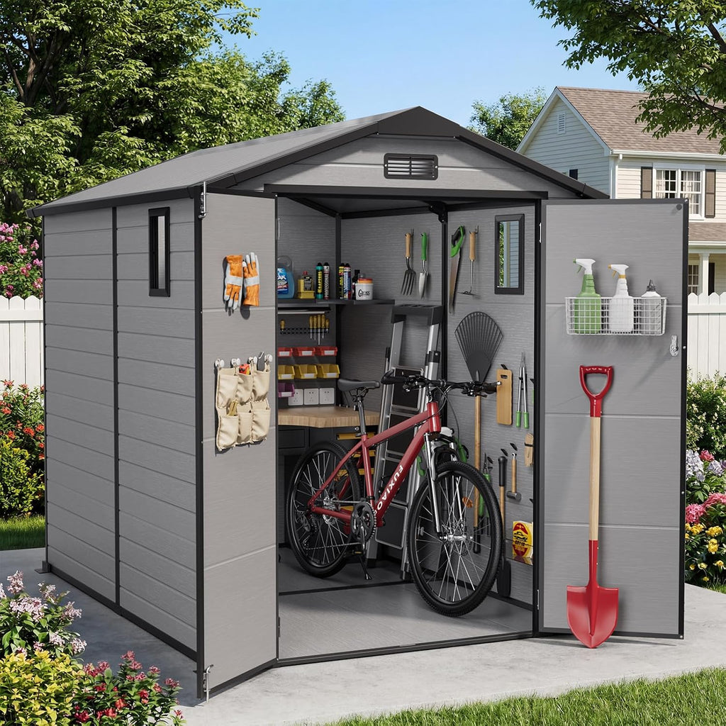 WUKHG 6X8 FT Resin Shed, Plastic Shed with Floor & Drainage Channel for Bikes, Furniture, Gardening Tools, Lockable Double Door Outdoor Storage Sheds Suitable for Backyard
