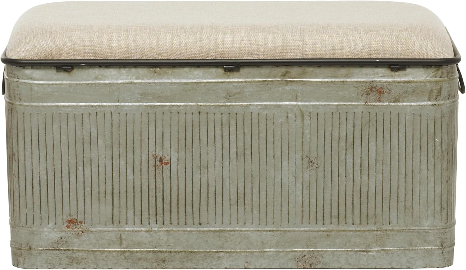 Deco 79 Metal Room Storage Bench Galvanized Entryway Bench with Cream Burlap Top and Black Latches, Bench 38' x 16' x 19', Gray