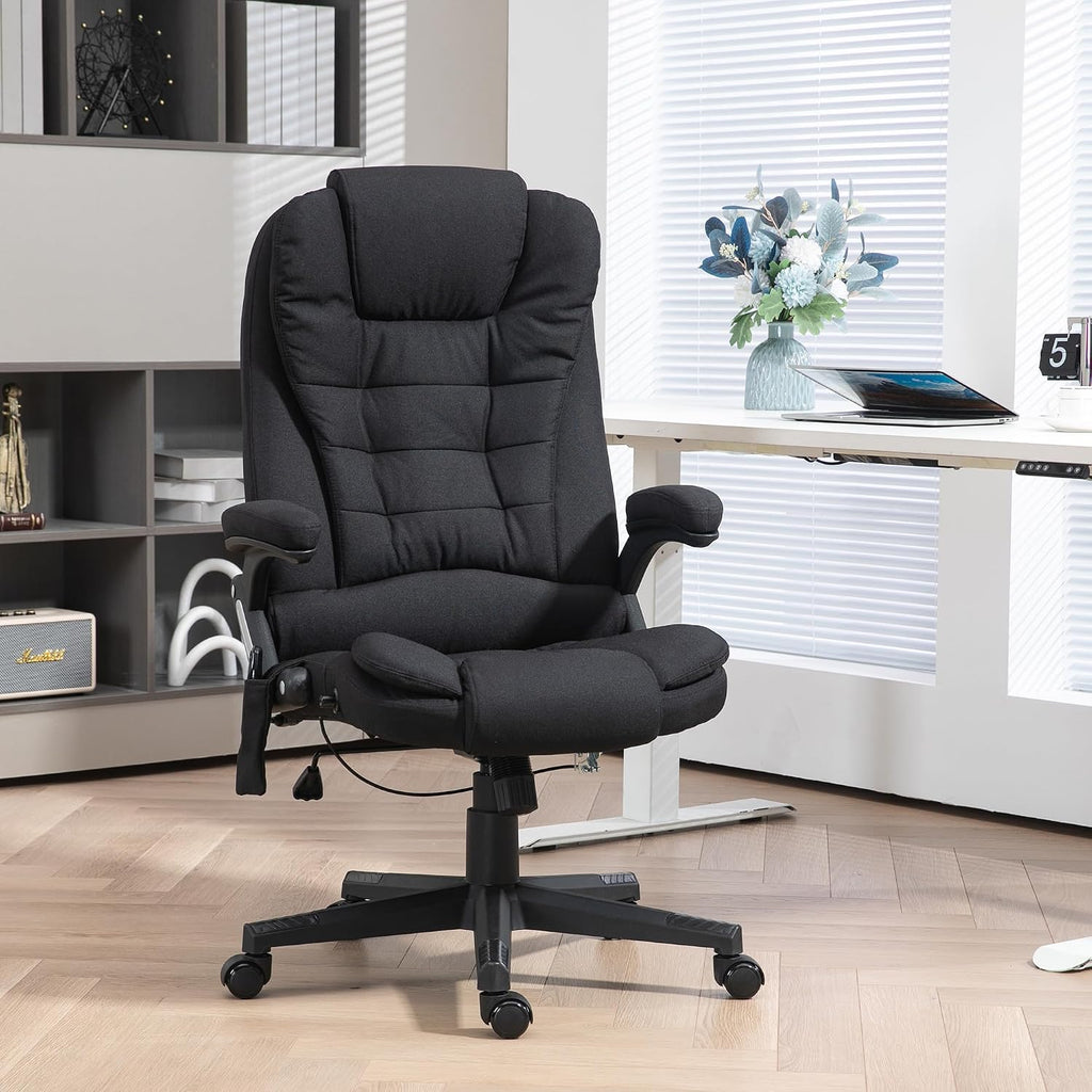 Vinsetto 6 Point Vibrating Massage Office Chair with Heat, Linen High Back Executive Office Chair with Reclining Backrest, Padded Armrests and Remote, Black