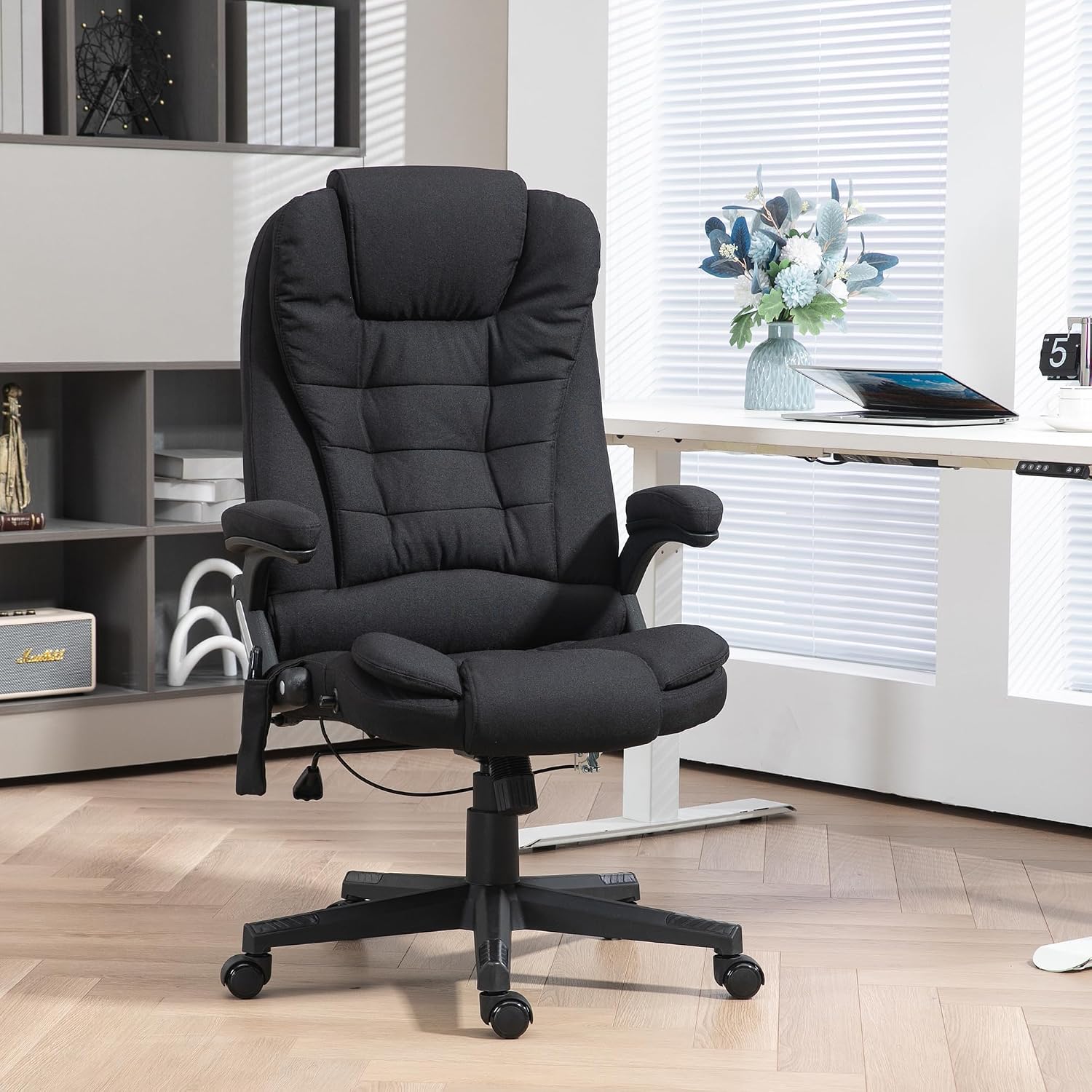 Vinsetto 6 Point Vibrating Massage Office Chair with Heat, Linen High Back Executive Office Chair with Reclining Backrest, Padded Armrests and Remote, Black