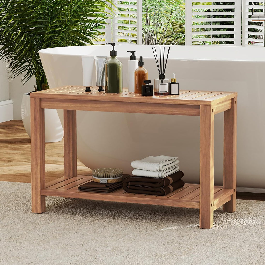 Giantex Teak Shower Bench with Shelf, 30 Inch Shower Stool with Slatted Seat for Elderly Seniors, Waterproof Bathroom Spa Bathing Seat Foot Rest Entryway Bench for Indoor and Outdoor Use