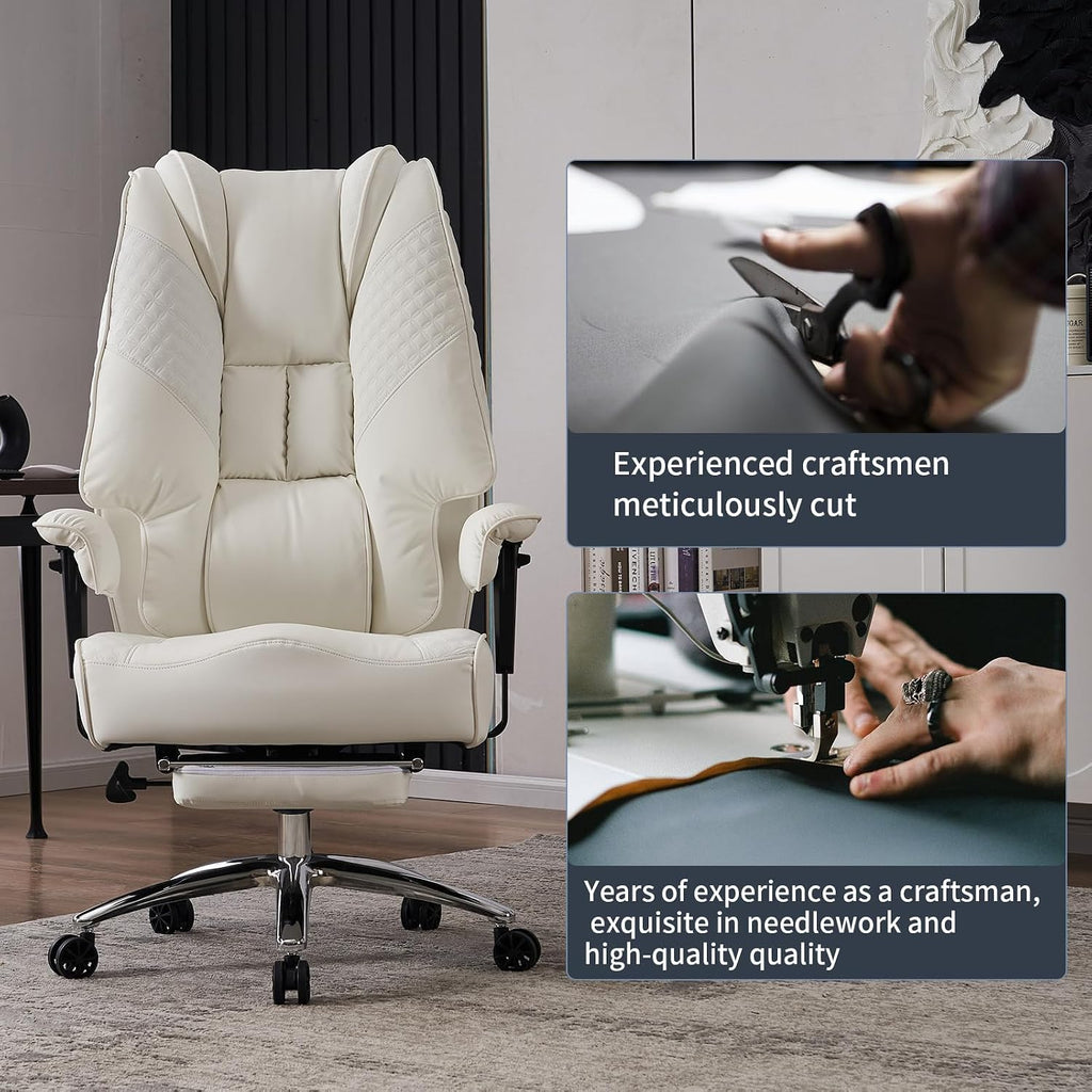 EXCEBET Big and Tall Office Chair 400lbs Wide Seat, Leather High Back Executive Office Chairs with Foot Rest, Ergonomic Lumbar Support for Lower Back Pain Relief (White)