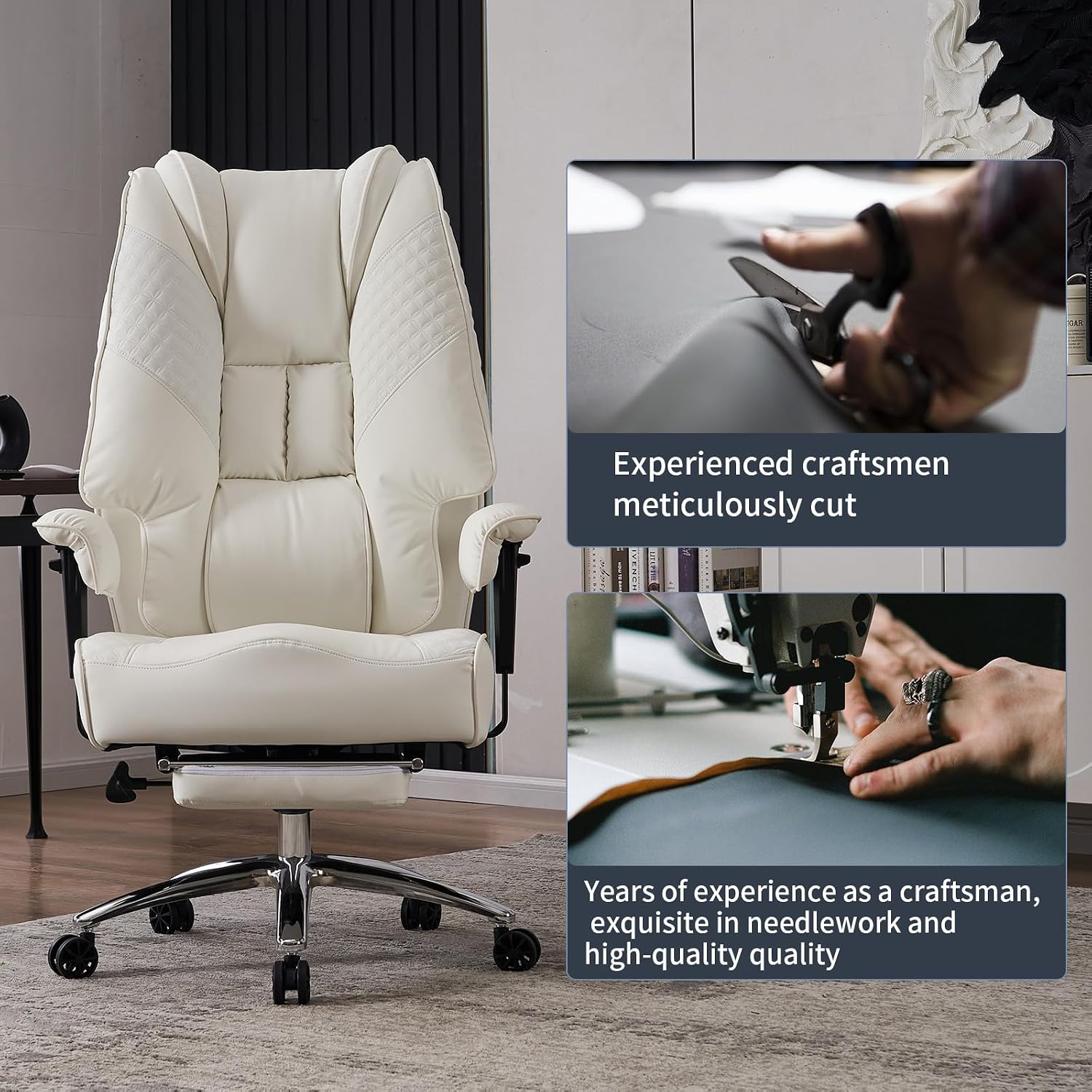 EXCEBET Big and Tall Office Chair 400lbs Wide Seat, Leather High Back Executive Office Chairs with Foot Rest, Ergonomic Lumbar Support for Lower Back Pain Relief (White)