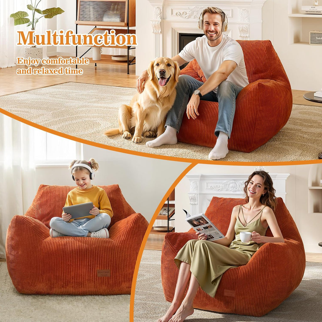 Big Bean Bag Chair for Adults, Ultra Soft Living Room Bean Bag with Armrests, Stuffed BeanBag Chair for Napping, Gaming, Vacuum-Compressed for Easy Gifting, 48 Hours to Fluffs Up, Orange