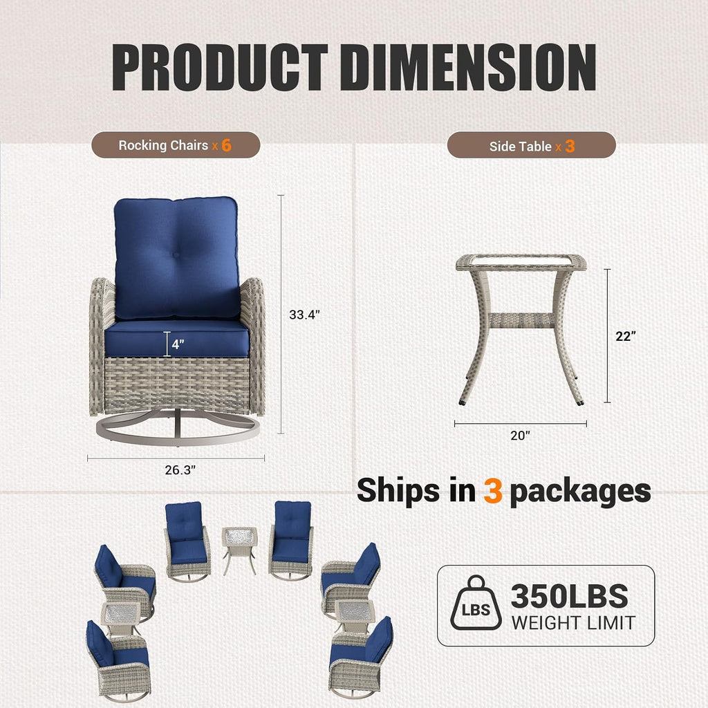 9-Piece Outdoor Rocking Swivel Chair Outdoor Wicker Rattan Bistro Set with Tempered Glass Side Table, Outdoor Patio Furniture Set, Navy Blue