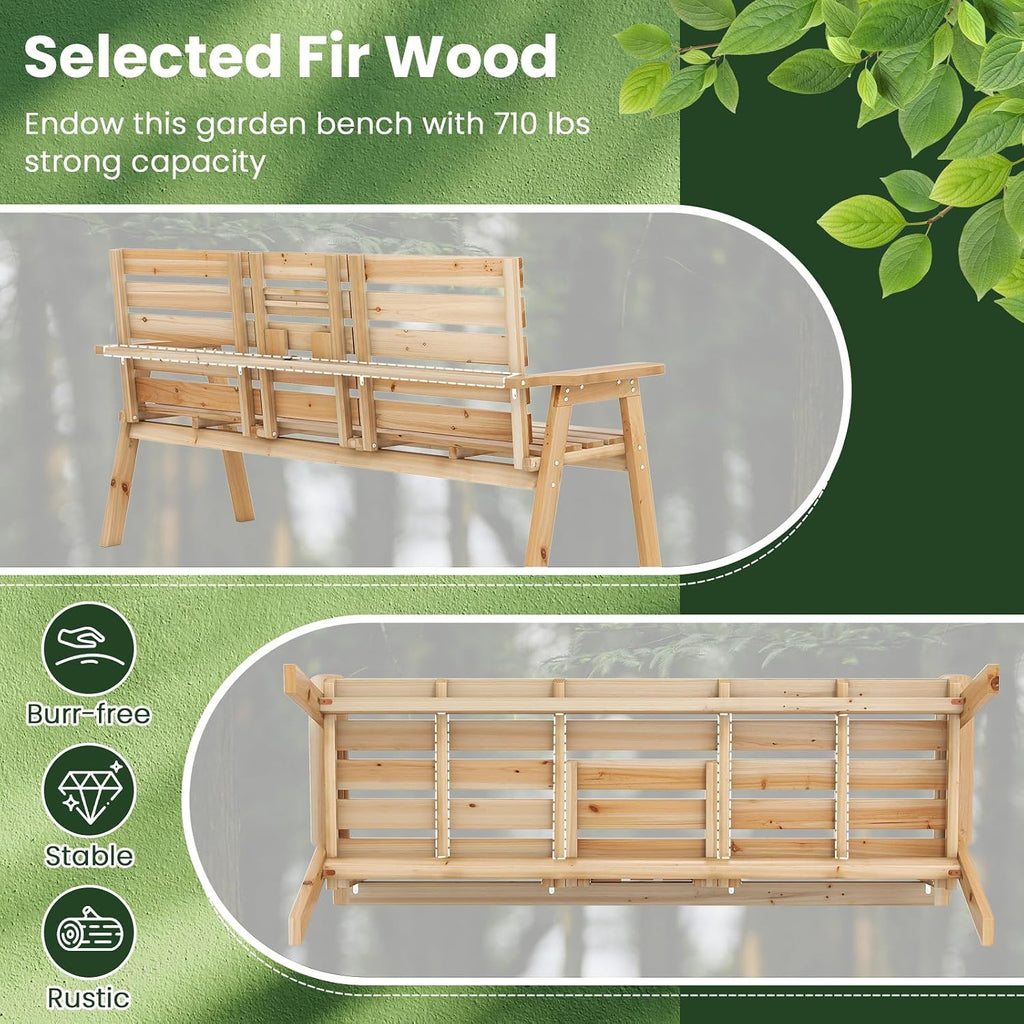 Tangkula Outdoor Fir Wood Bench with Foldable Middle Table, 2-3 Person Garden Bench with Backrest and Armrests, 710 lbs Weight Capacity, Slatted Seat Bench for Porch, Patio, Backyard