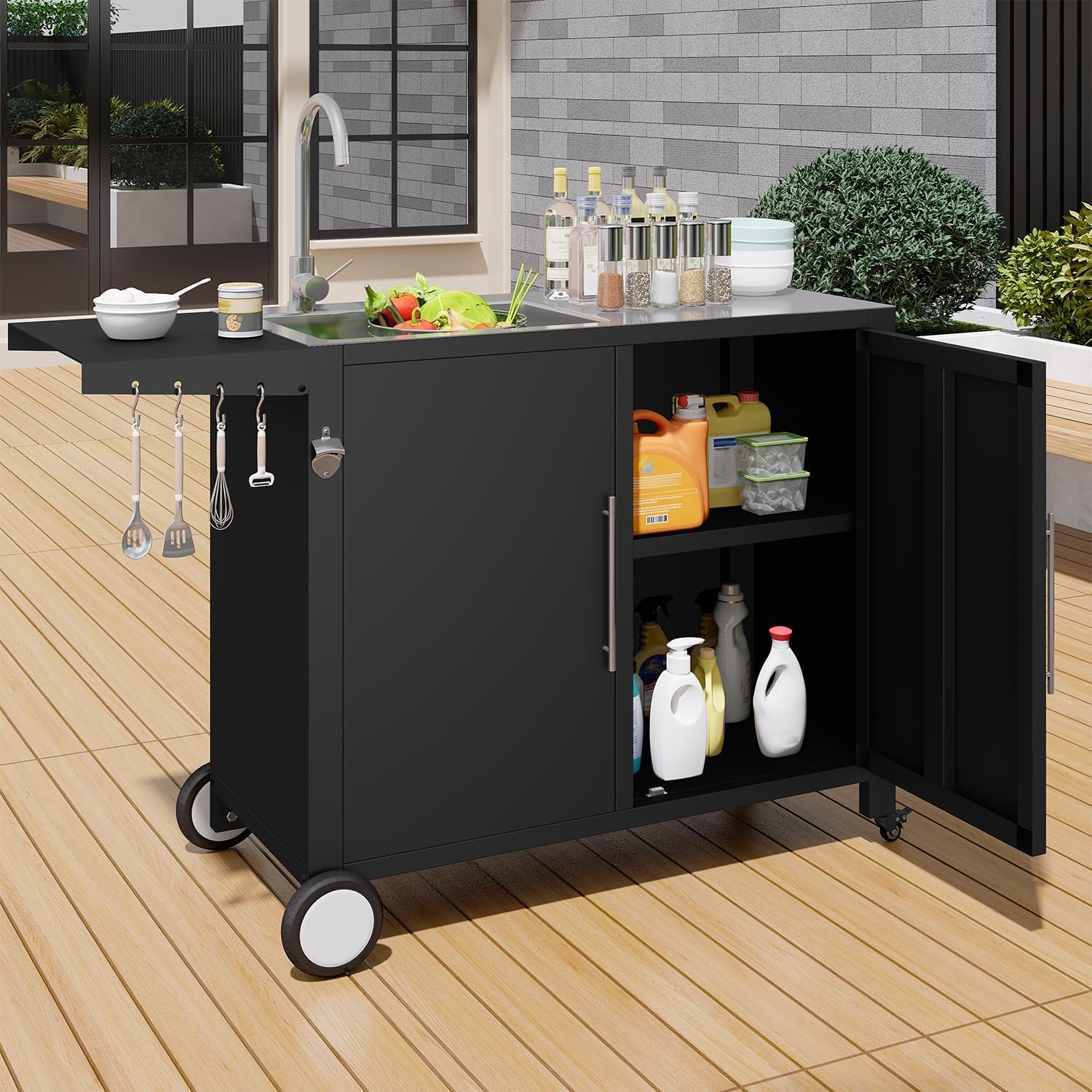 Grill Table with Sink, Outdoor Stainless Steel Kitchen Island Cabinets Sink Station with Hose Hook up & Lockable Casters, Rolling BBQ Table for Backyard