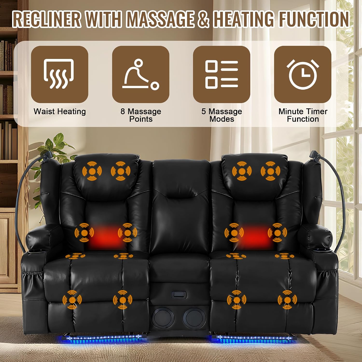 Power Recliner Loveseat for Living Room, Loveseat Sofa with Center Console, USB Type-C Port, Leather Chair with Massage and Heat, Speaker Oversized Recliner Chair for Home Theater (Black)