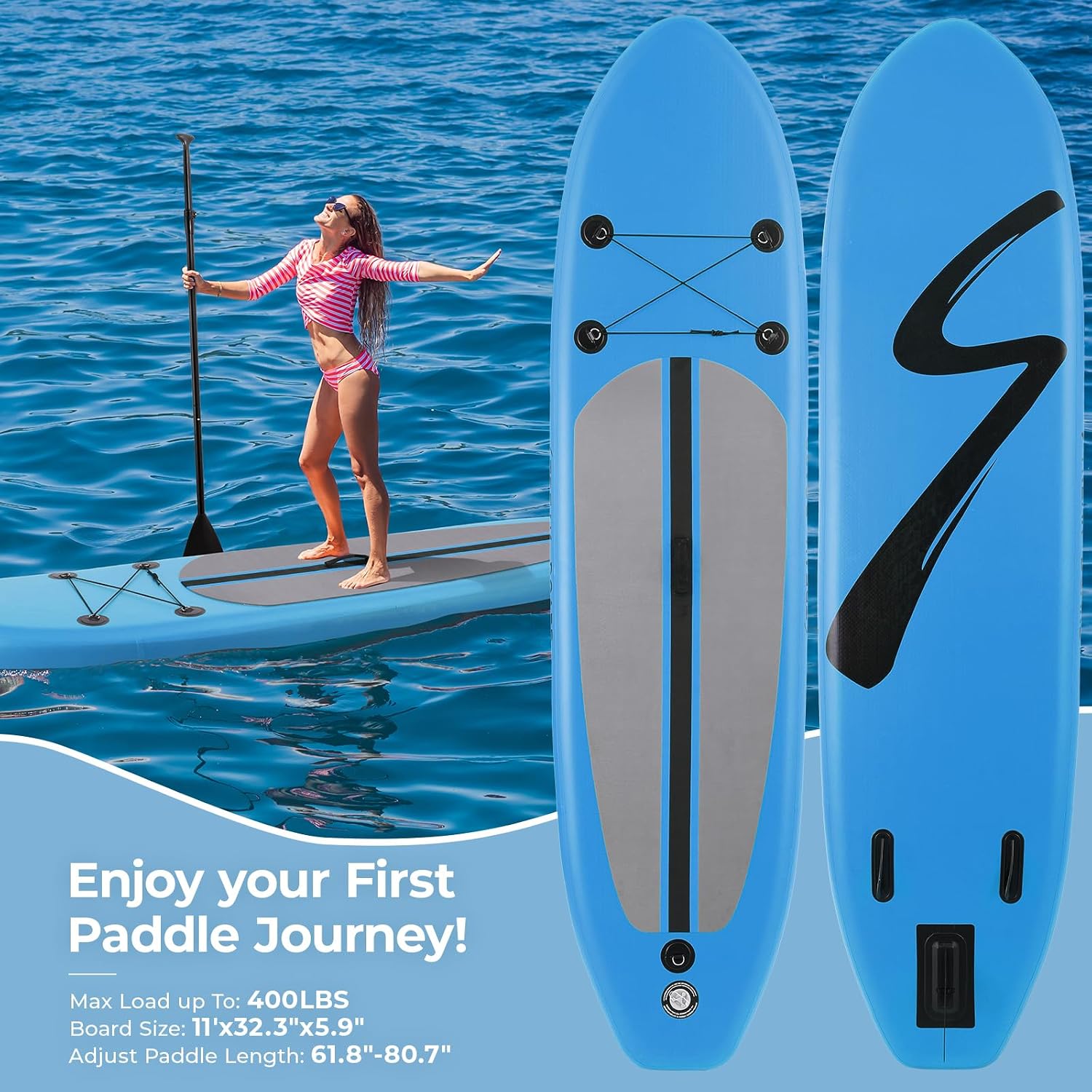 TLSUNNY 11FT Inflatable Stand Up Paddle Board, 3 Fins Paddleboard with Full SUP Accessories for All Skill Levels, Portable Two-Way Hand Pump and Carry Bag, 400LBS