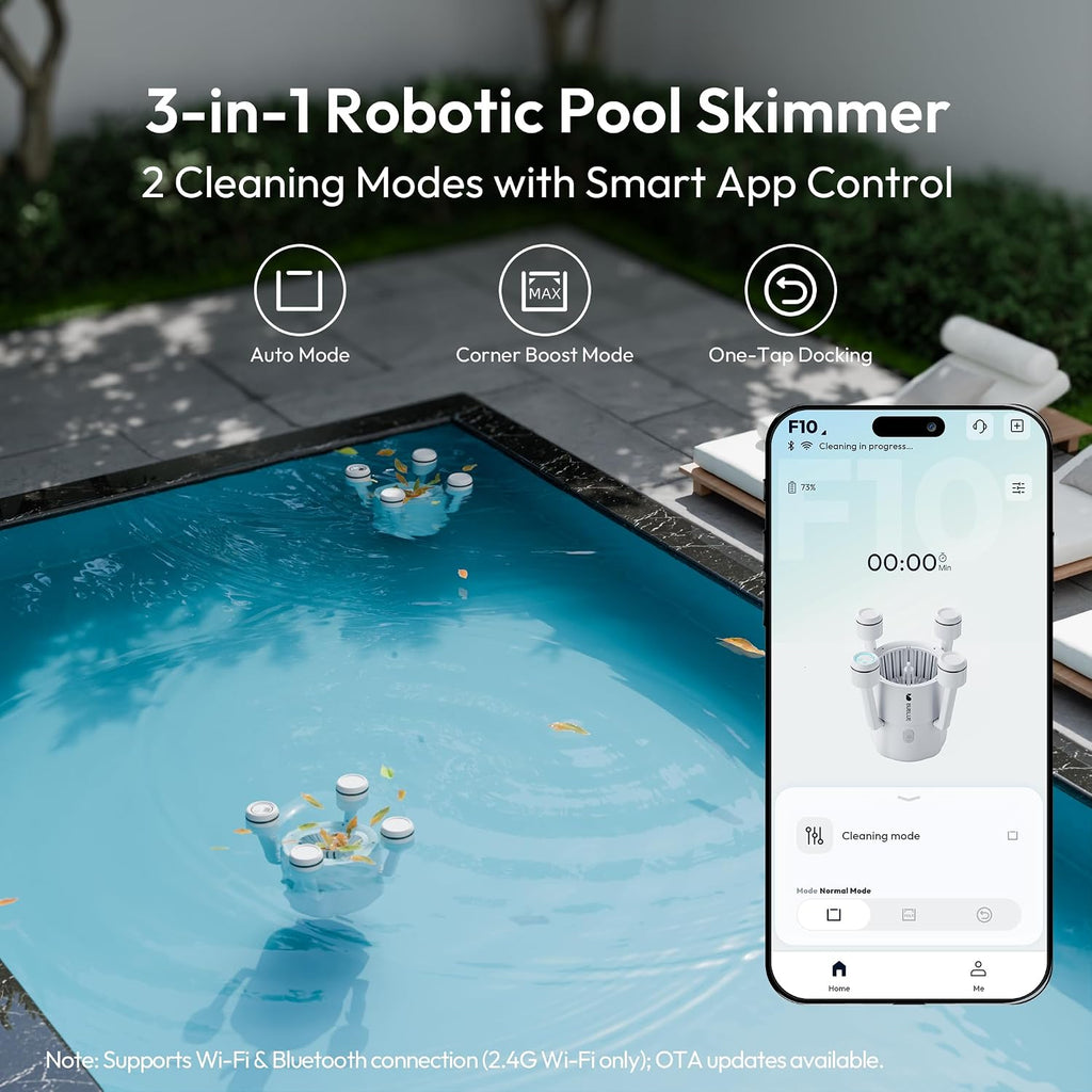 (2026 Upgrade) BUBLUE F10 Pool Surface Skimmer Robot,Robotic Pool Skimmer with App Control,Powerful Suction,5L Filter,Dual Cleaning Modes, AI Navigation,Ideal for In-Ground & Above-Ground Pools,White