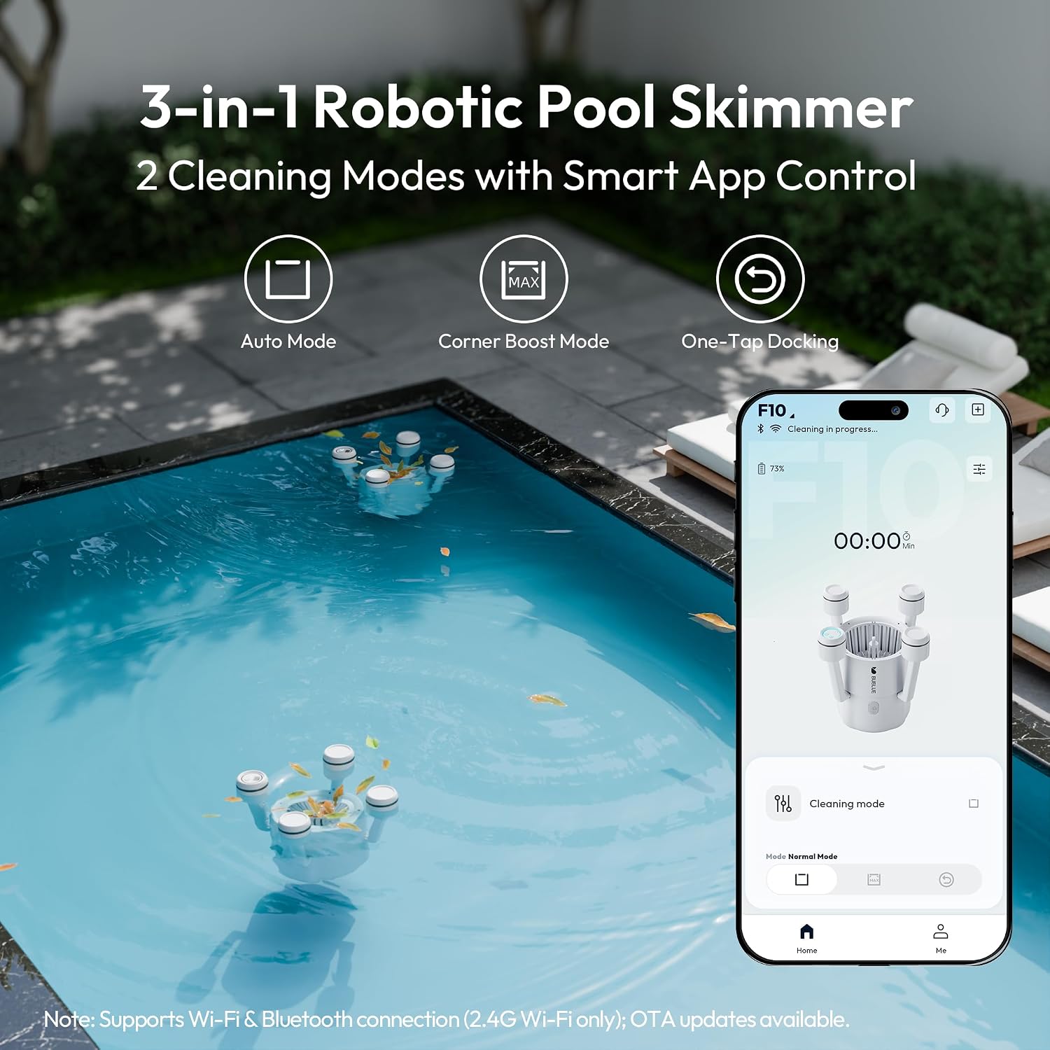 (2026 Upgrade) BUBLUE F10 Pool Surface Skimmer Robot,Robotic Pool Skimmer with App Control,Powerful Suction,5L Filter,Dual Cleaning Modes, AI Navigation,Ideal for In-Ground & Above-Ground Pools,White