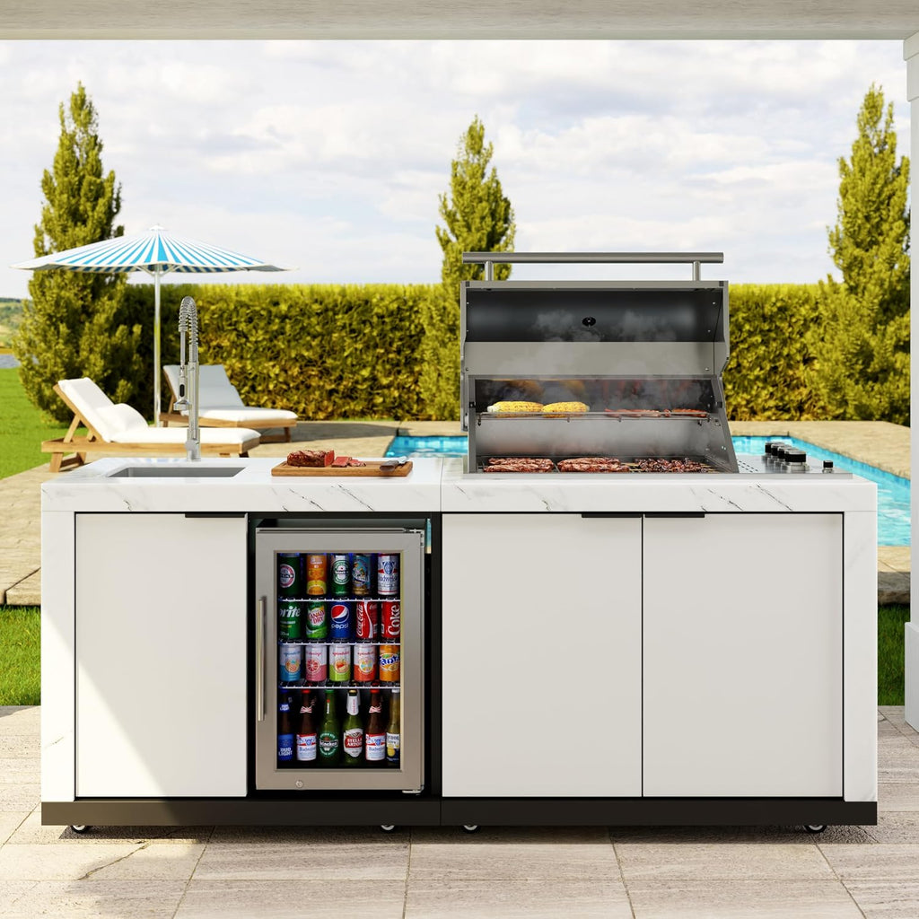 KoolMore Reserve 83 in. Outdoor Kitchen Suite with White Stone Counters and Sides, 4-Burner Grill, Stainless Steel Sink and Faucet
