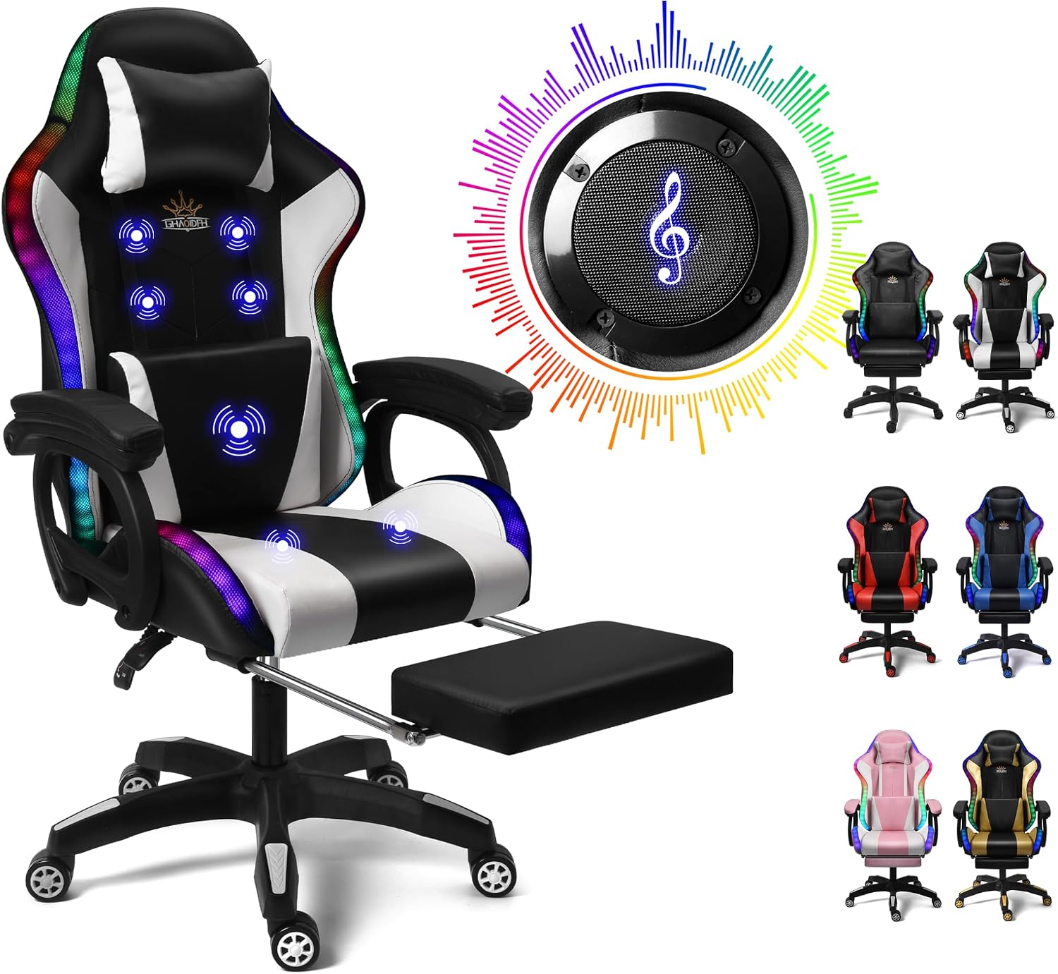 Gaming Chair with LED Lights and Speakers, Ergonomic Pro Video Game Chair with Massage and Footrest, for Adults, Teens, and Kids - Perfect for Gaming, Office, and Working. (Black + White)
