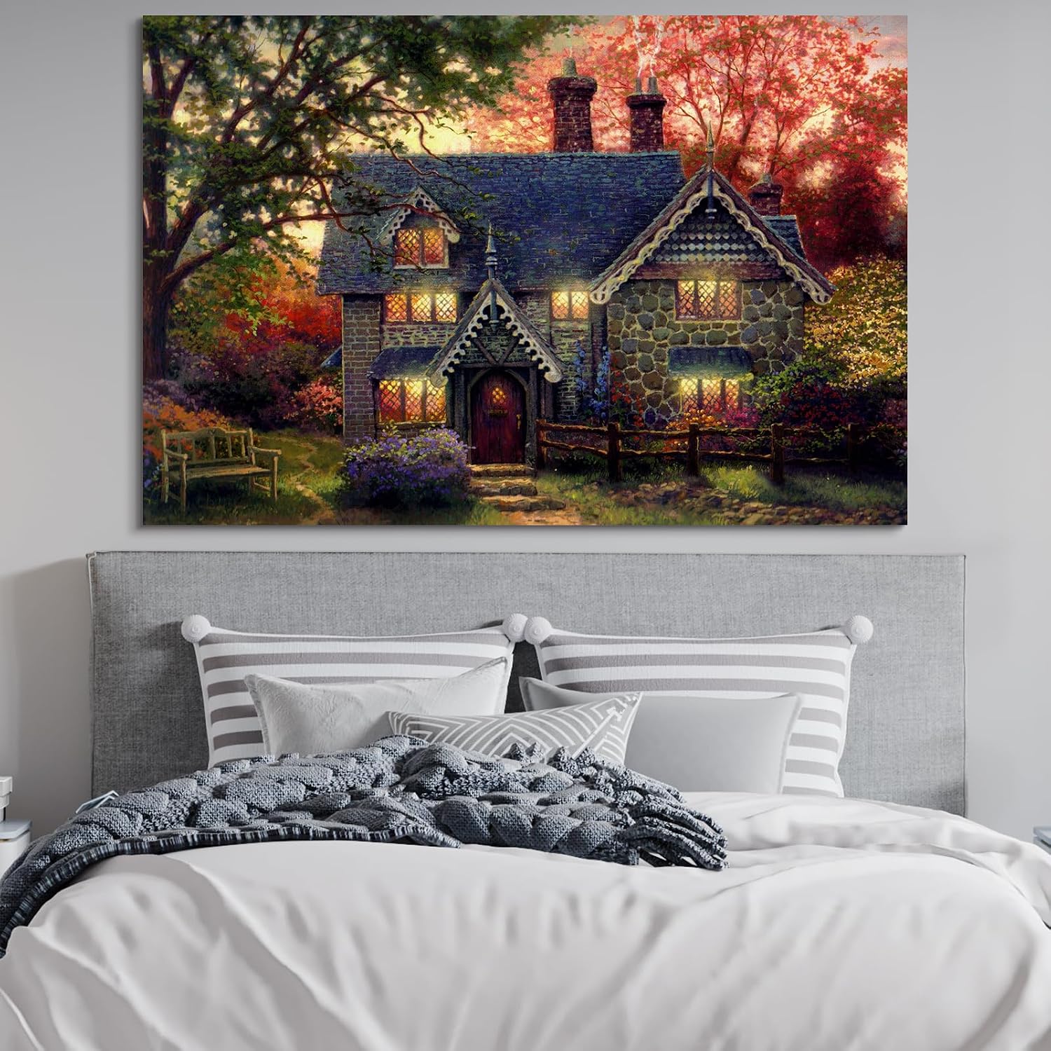 STUDIO HAVEN Thomas Kinkade Canvas Wall Art, Autumn Evening Flower Garden Cozy Glow and Wooden Bench Oil Painting Poster Rustic Landscape Wall Decor, Framed Prints for Home Decor, 48x32Inch