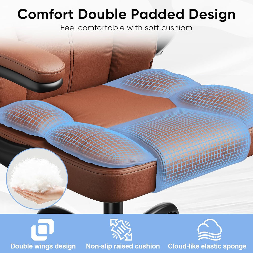 Kensaker Ergonomic Executive Office Chair with Adjustable Headrest & 90° Flip-Up Arms, High Back PU Leather Computer Desk Chair with 135° Rocking & Double Padding for Home Office Comfort, Brown