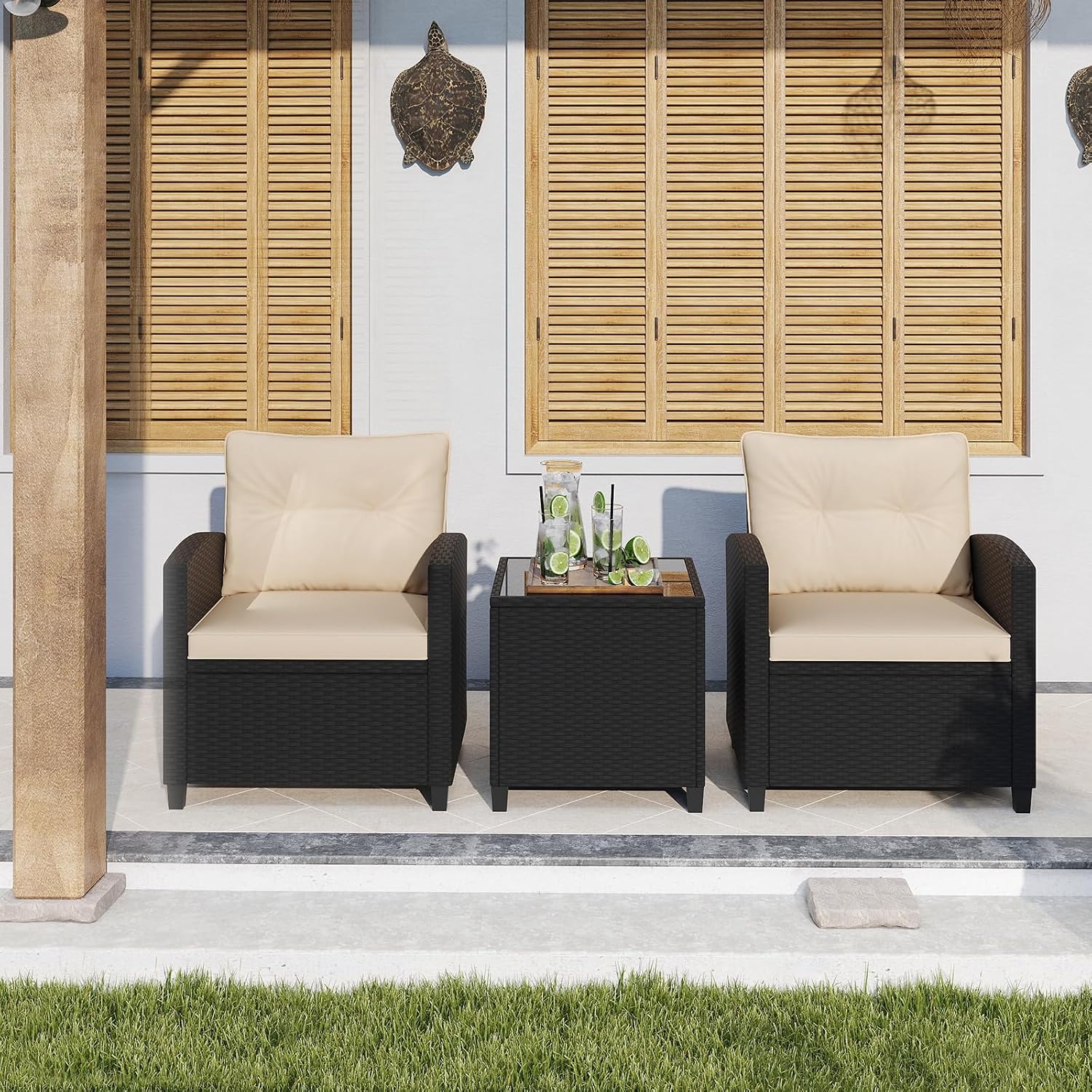 ORALNER 3 Pieces Patio Furniture Set, Wicker Conversation Set Outdoor Chairs with Cushions, Glass Coffee Table, Rattan Bistro Set for Front Porch Balcony Garden Deck Poolside (Khaki)