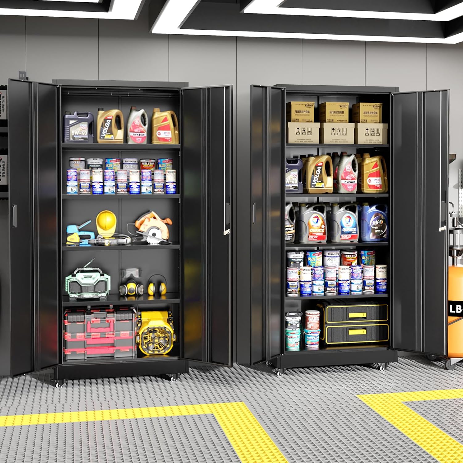 Greenvelly Metal Garage Storage Cabinet with Wheels, Black 73' Rolling Metal Cabinet with Locking Doors and Adjustable Shelves, Tool Organization with Wheels for Home,Kitchen,Office