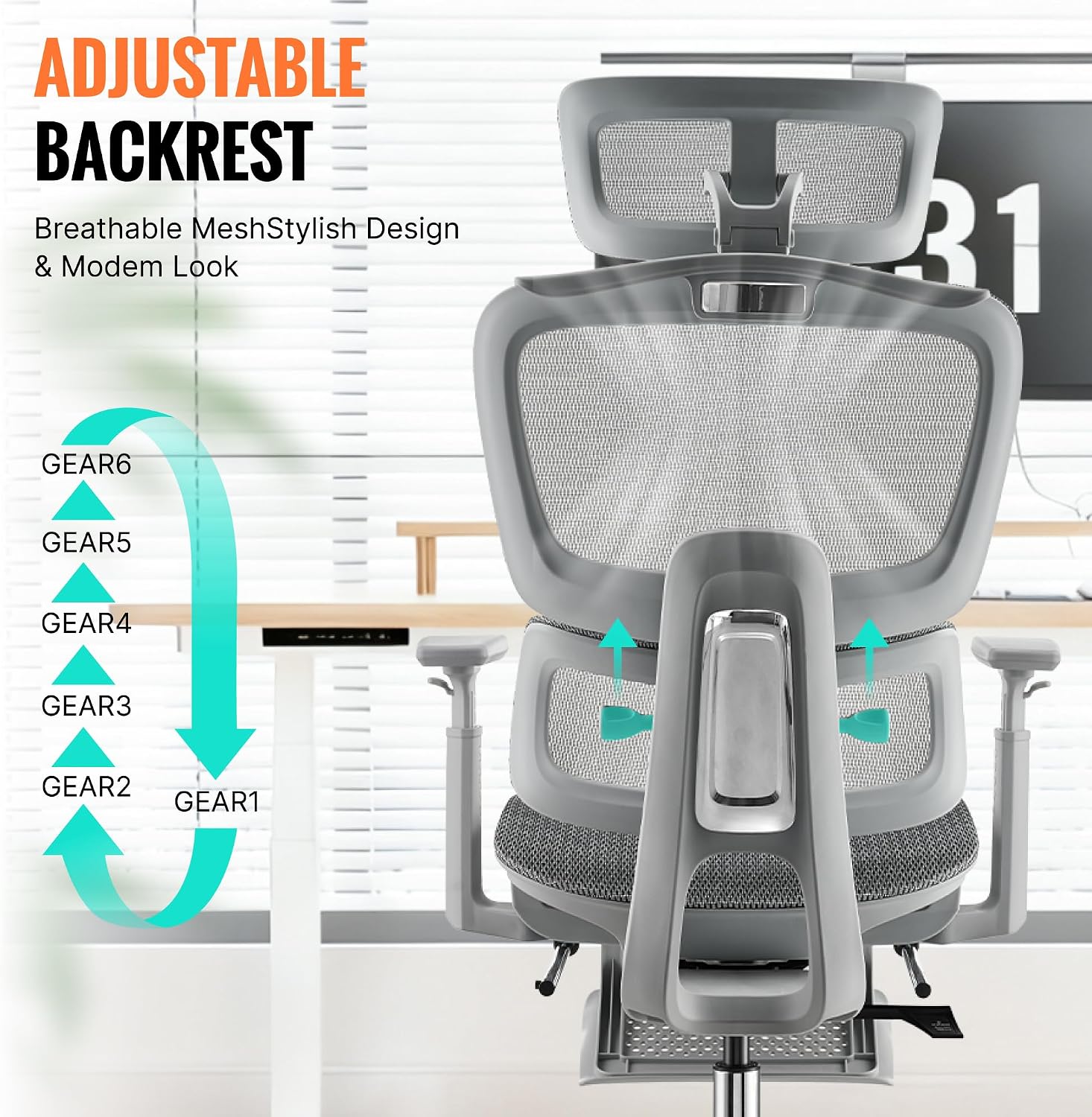 Ergonomic Office Chair, Home Mesh Desk Computer Chair, Comfortable Gaming Chair with Footrest, Wheels, Adjustable 2D Headrest, Lumbar Support, High Back and 3D Armrest, Grey