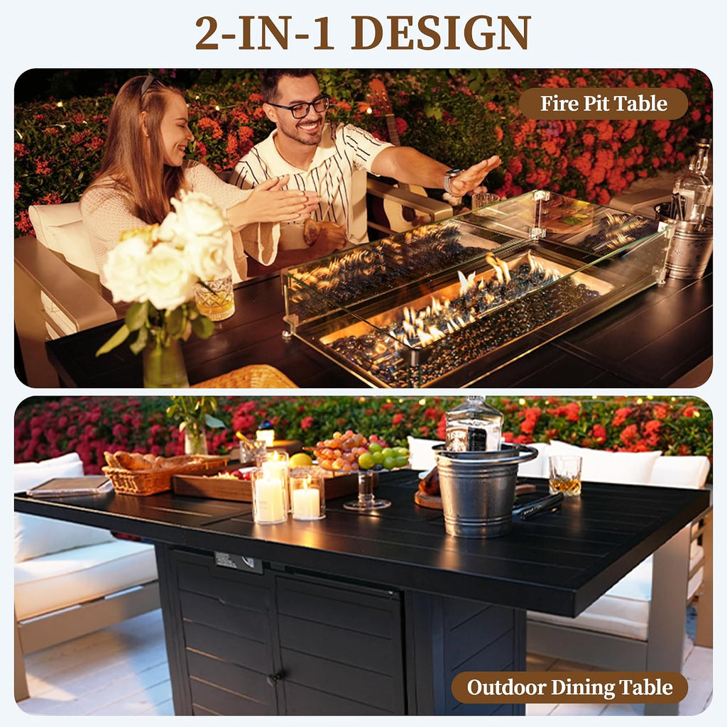 PIZZELLO 5-Pieces Patio Furniture Set w/ 60' Firepit Table and 4Pcs Patio Chairs, 50,000 BTU Aluminum Gas Fire Table and Stackable Dining Chairs, Outdoor Conversation Dining Set for Backyard