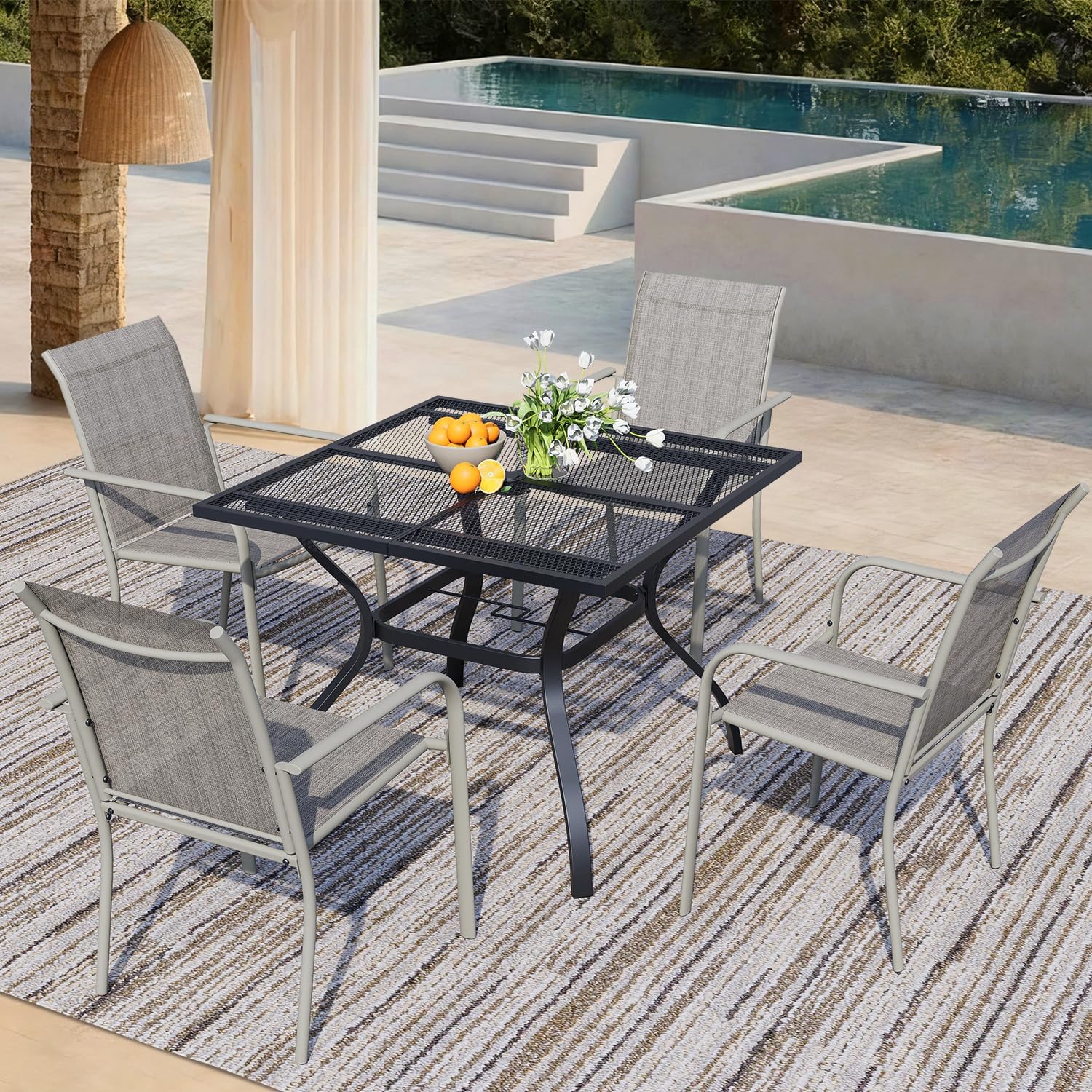 5 Piece Outdoor Dining Set, Patio Table and Chairs Set of 4, 37.5' Black Square Patio Table with 4 Grey Stackable Patio Chairs for Lawn, Garden, Porch