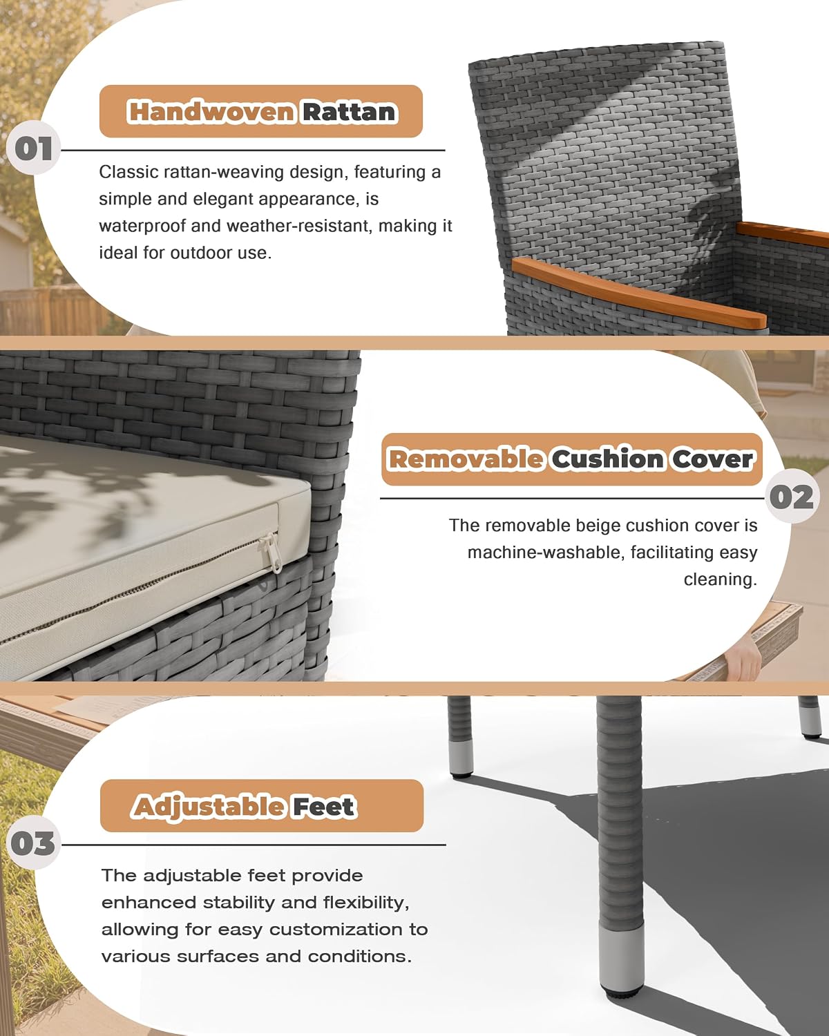 Flamaker 9 Piece Patio Dining Set Outdoor Acacia Wood Table and Chairs with Soft Cushions Wicker Patio Furniture for Deck, Backyard, Garden (Grey)