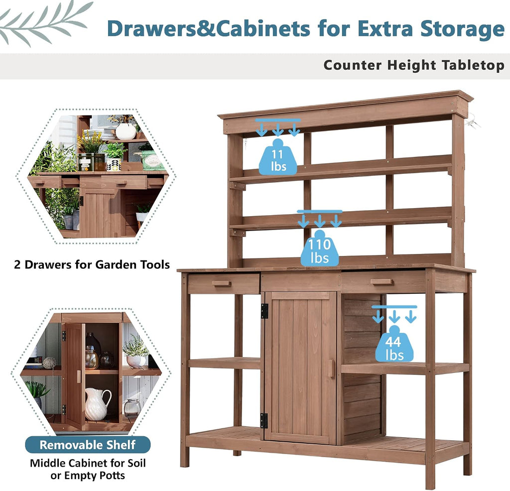 Merax 66' Large Outdoor Farmhouse Wooden Potting Bench Table, Garden Workstation with 2 Drawers, Cabinet, and Open Shelves for Backyard, Mudroom, Brown