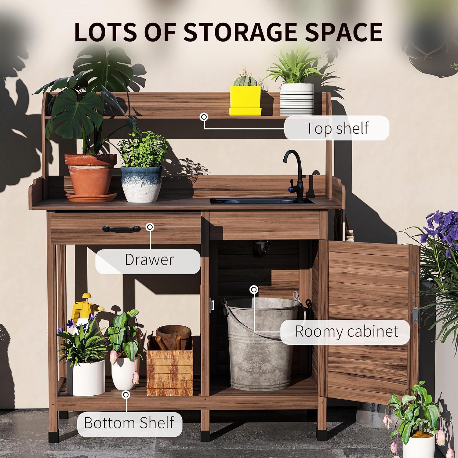 Outsunny Potting Bench Table with Removable Sink, Outdoor Work Bench Table with Storage Cabinet, Hooks, Faucet and Drawer for Greenhouse, Garden, Patio, Dark Brown