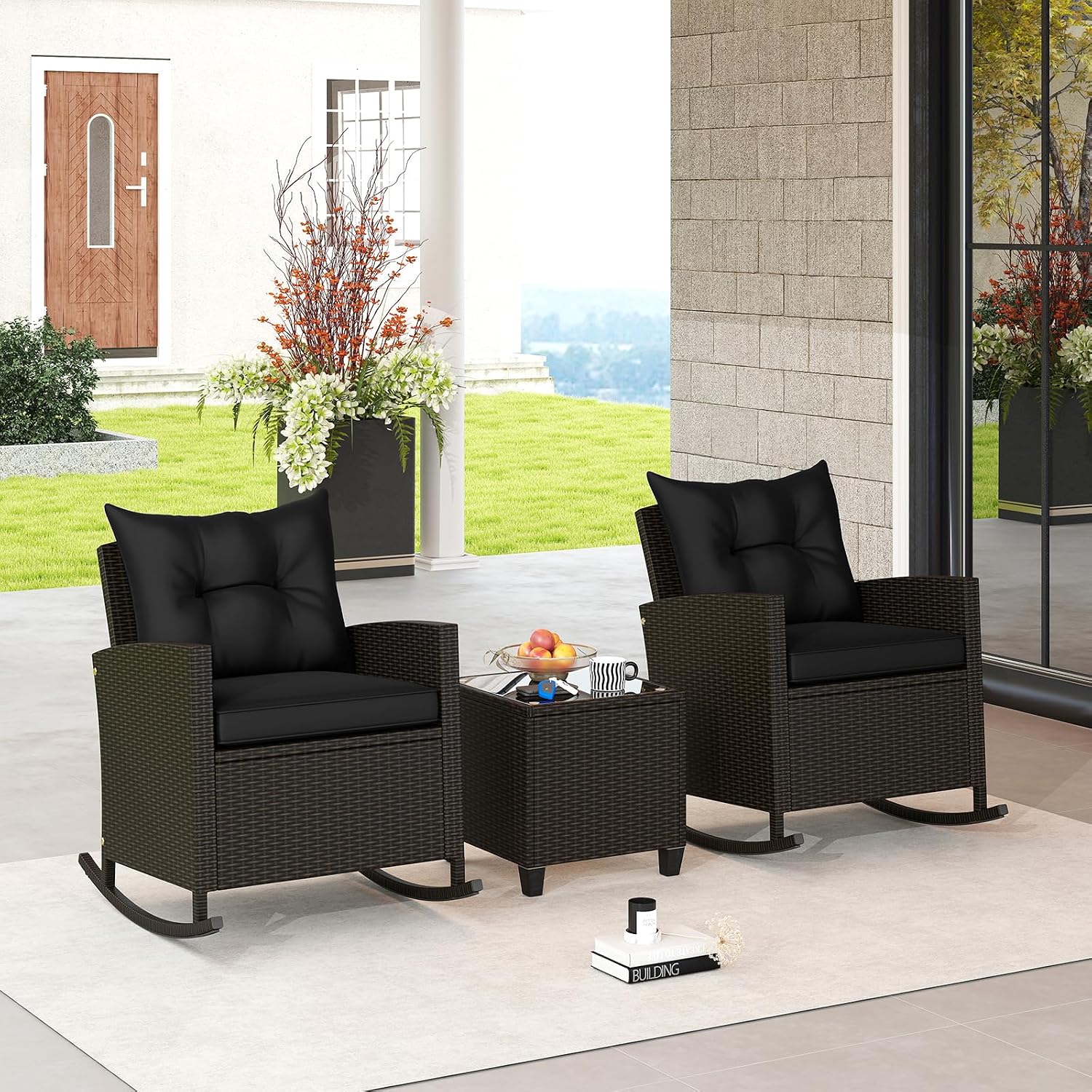 ORALNER 3 Pieces Patio Furniture Set, Outdoor Wicker Rocking Chairs with Soft Cushions, Glass Coffee Table, Rattan Conversation Bistro Set for Front Porch Balcony Garden Deck Poolside (Black)