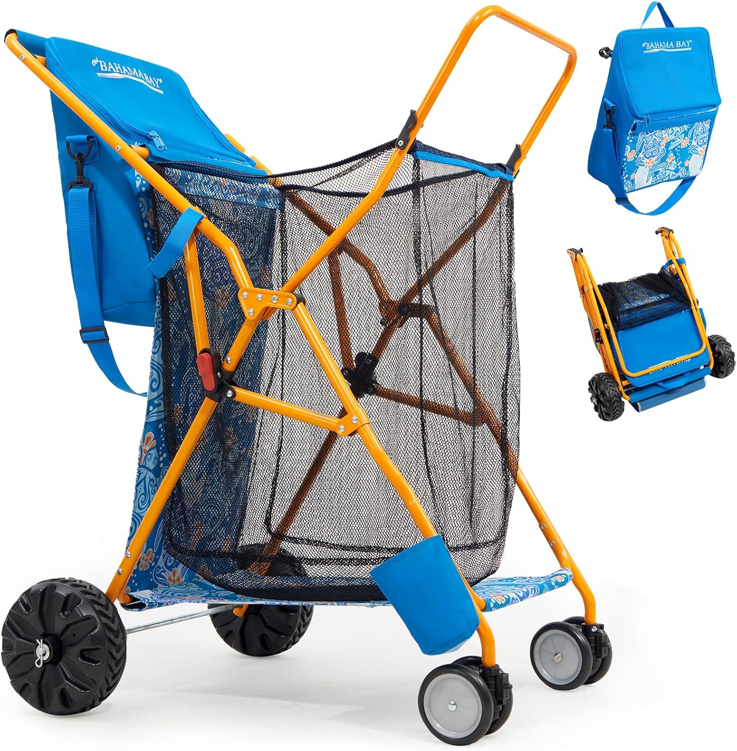 Old Bahama Bay Heavy-Duty Beach Cart with 100 lbs Capacity - Foldable Beach Wagon with Removable 20L Cooler Bag, Sand Chair Holder, Umbrella Stand & Large Mesh Basket for Beach, Camping, Picnic