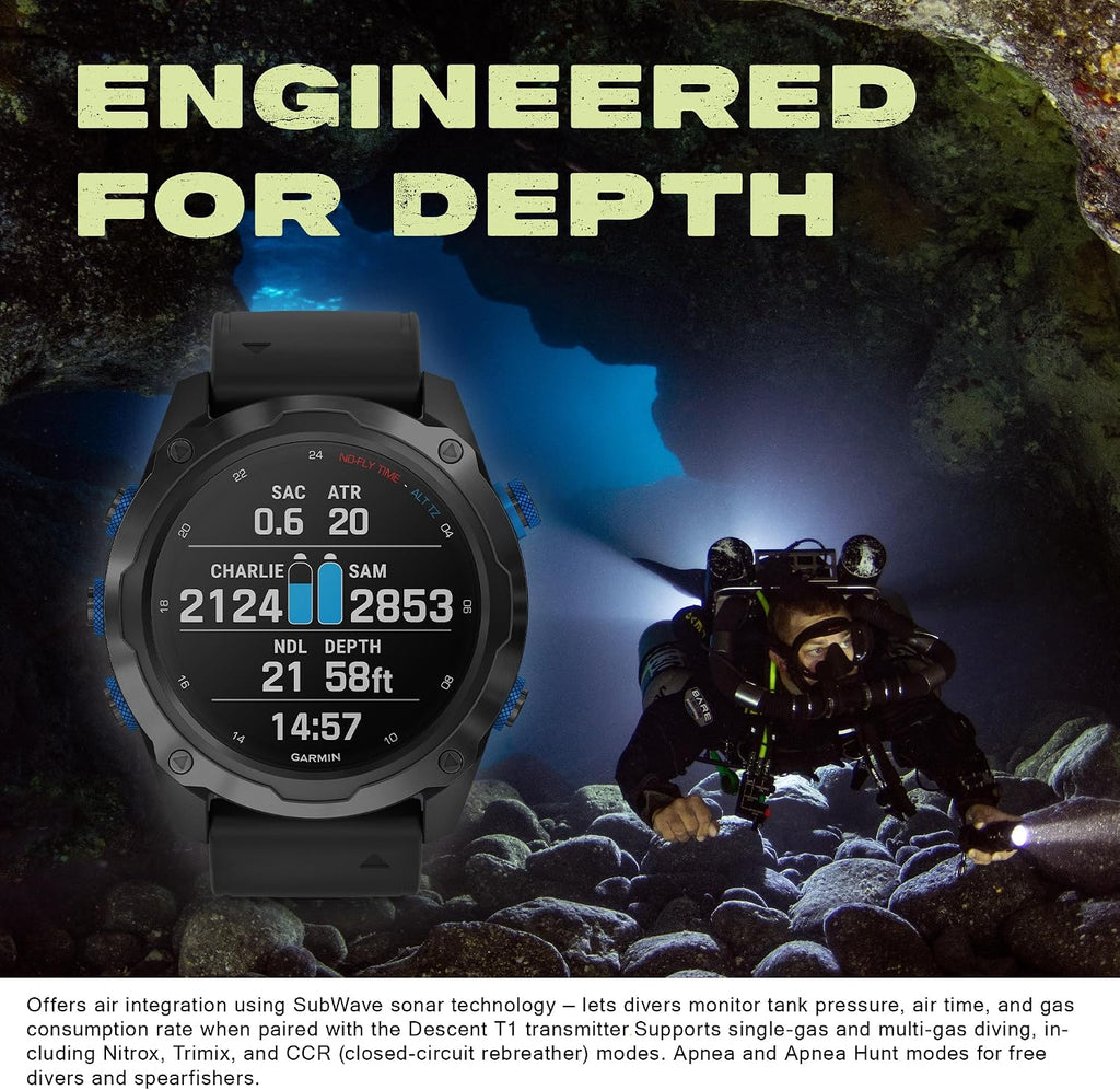 Garmin Descent Mk2i, Watch-Style Dive Computer with Air Integration, Multisport Smartwatch, Titanium Carbon Gray DLC with Black Band Bundle with Microfiber Cleaning Cloth + Wireless Earbuds