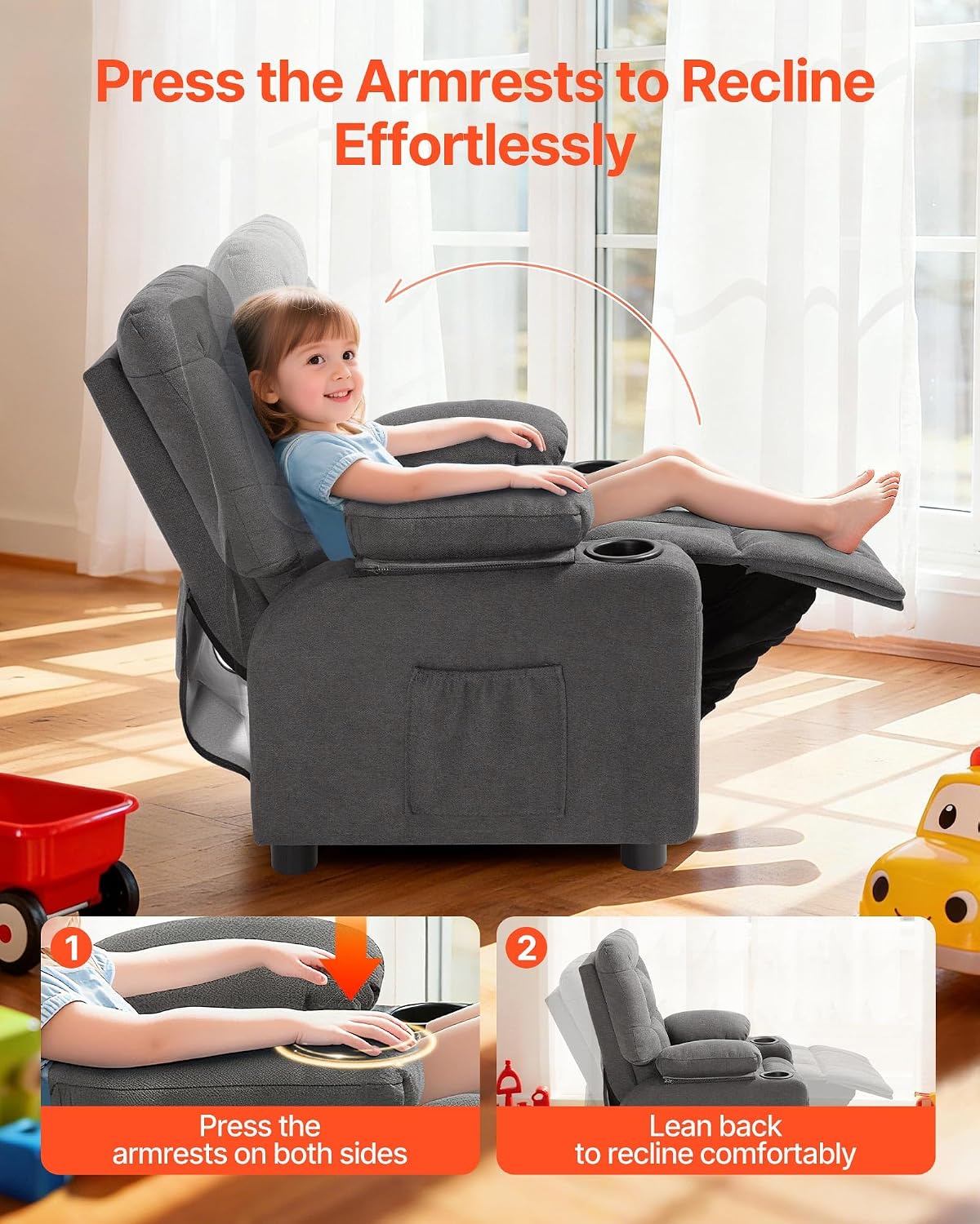VEVOR Kids Recliner Chair, Toddler Lounger with Cup Holders & Pockets, 107° to 126° Adjustable Back, Breathable Polyester Upholstery Reclining Sofa with Foot-Rest, for Boys and Girls, Children (Gray)
