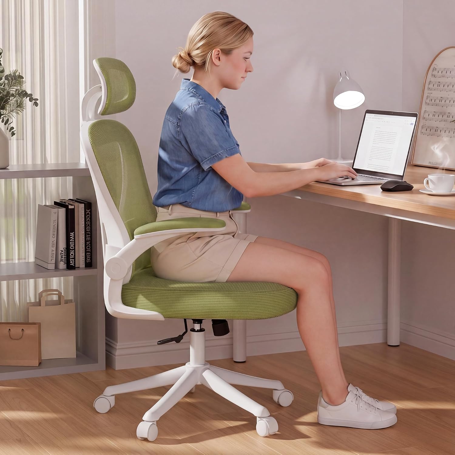 SeekFancy Ergonomic Office Chair M903, Computer Desk Chair with Wheels, High Back Mesh Office Chair with Adjustable Lumbar Support, Headrest, Flip-Up Armrests, Green