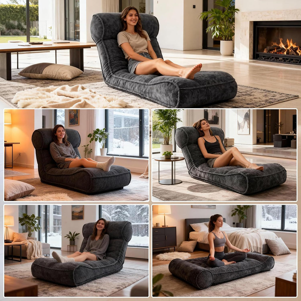 Dineli 83'' Floor Chair with Back Support Meditation Chair Couch Recliner w Adjustable Backrest Lazy Floor Lounger Gaming Chair for Adults Sofa Bed Sleeper Chair Chaise Lounge Chair Indoor, Black