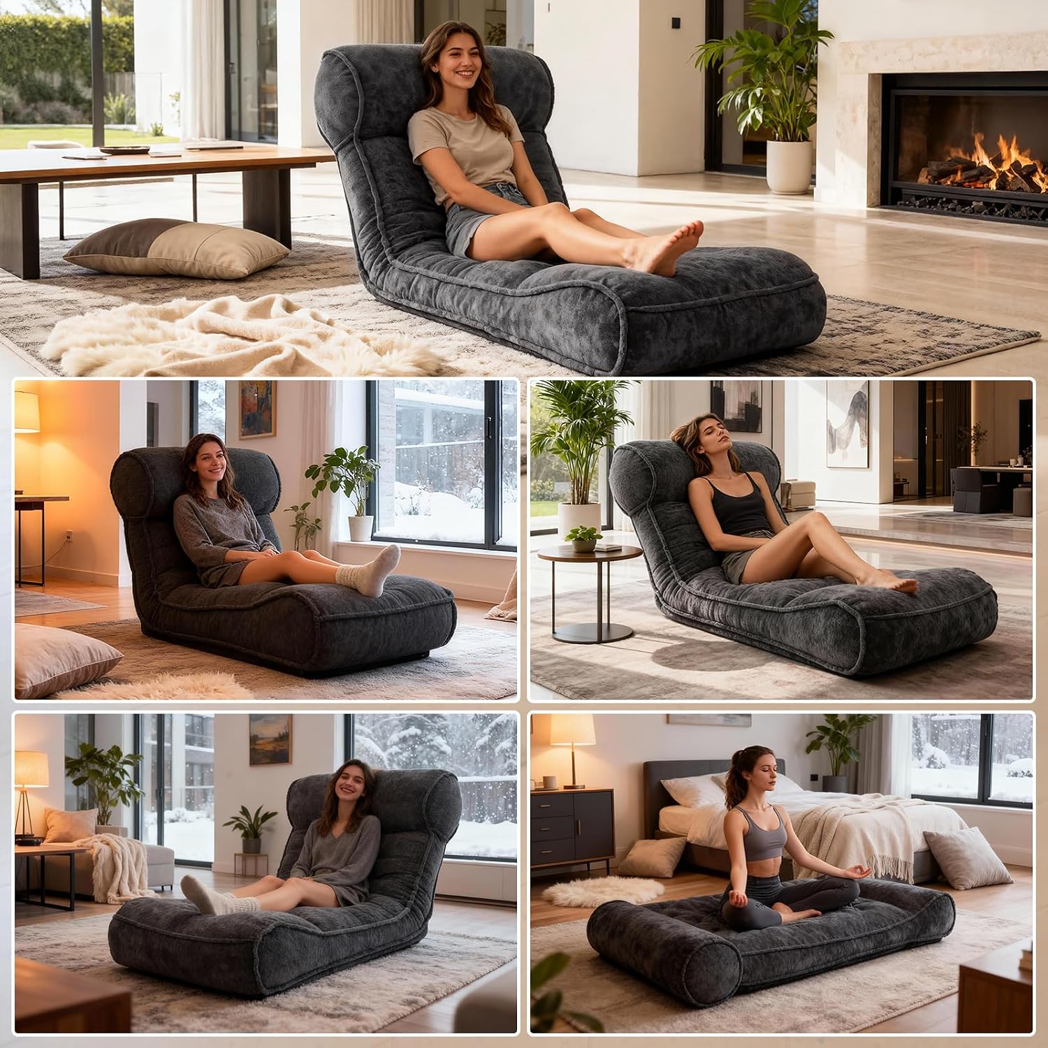 Dineli 83'' Floor Chair with Back Support Meditation Chair Couch Recliner w Adjustable Backrest Lazy Floor Lounger Gaming Chair for Adults Sofa Bed Sleeper Chair Chaise Lounge Chair Indoor, Black