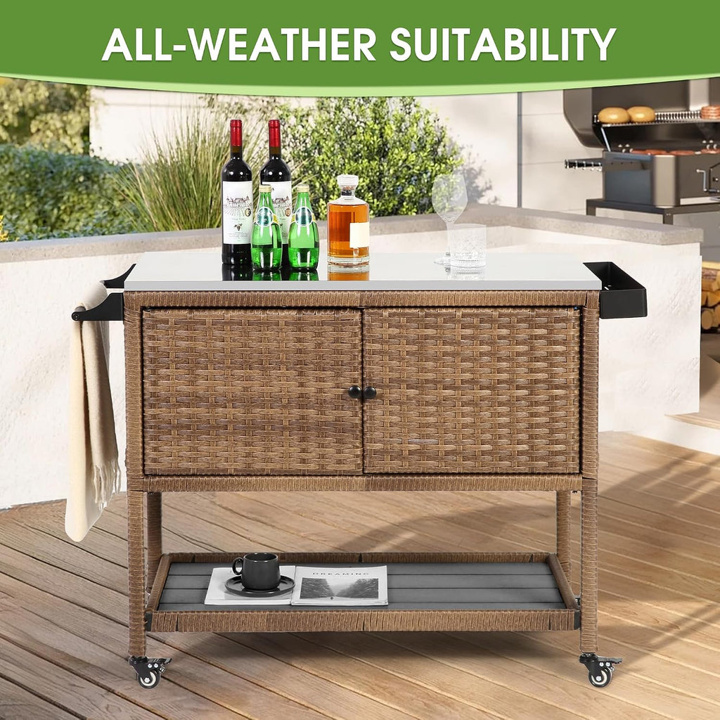 HOMEFUN Outdoor Grill Cart Kitchen Island with Storage Stainless Steel Top BBQ Prep Station Wicker Serving Bar Table with Hooks Wheels Backyard and Patio, Brown
