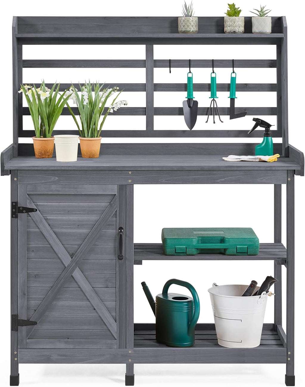 Yaheetech Outdoor Potting Bench, Large Horticulture Work Table Workstation with Storage Cabinet Shelf & Planting Working Console for Patio/Lawn/Garden - Gray