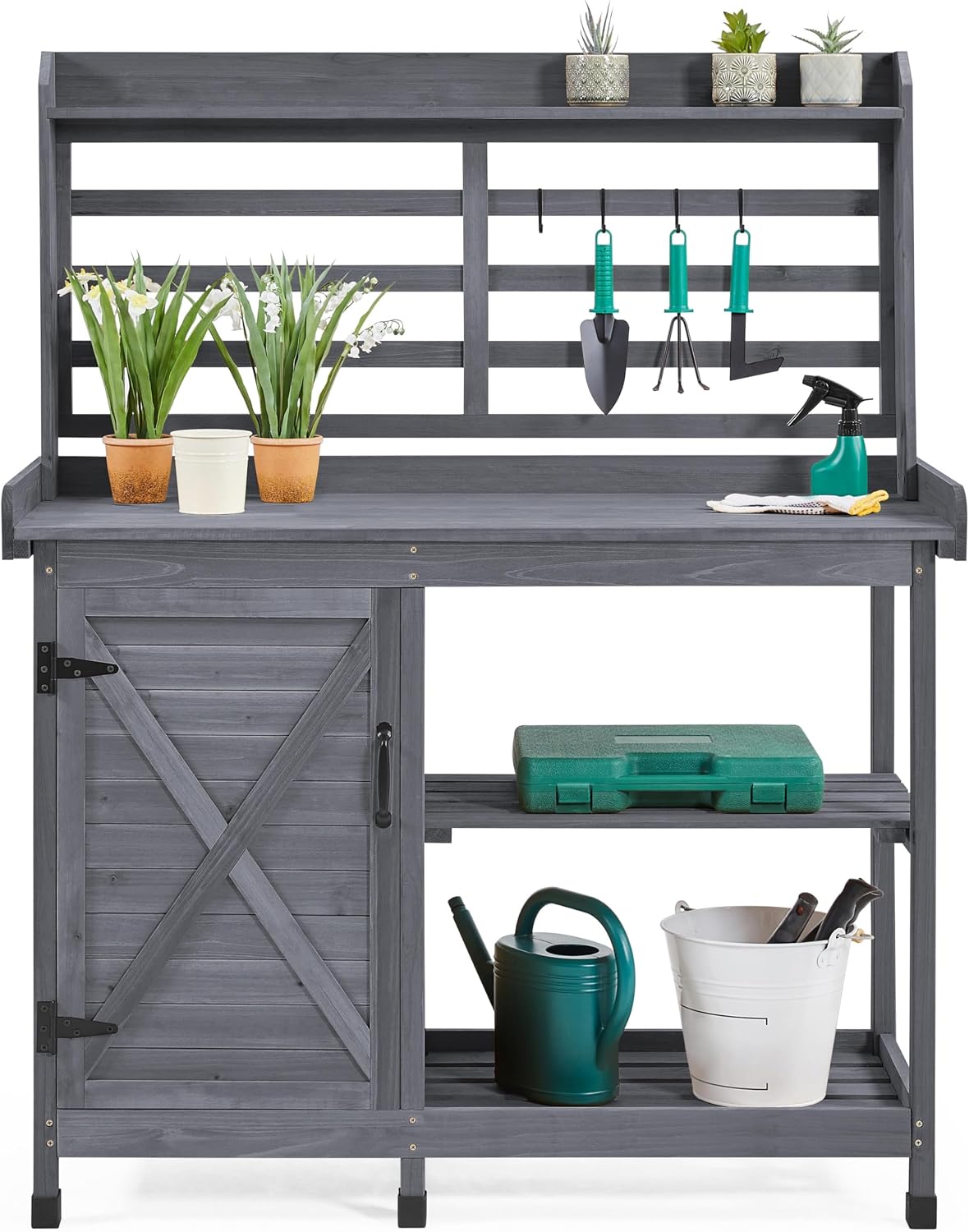 Yaheetech Outdoor Potting Bench, Large Horticulture Work Table Workstation with Storage Cabinet Shelf & Planting Working Console for Patio/Lawn/Garden - Gray