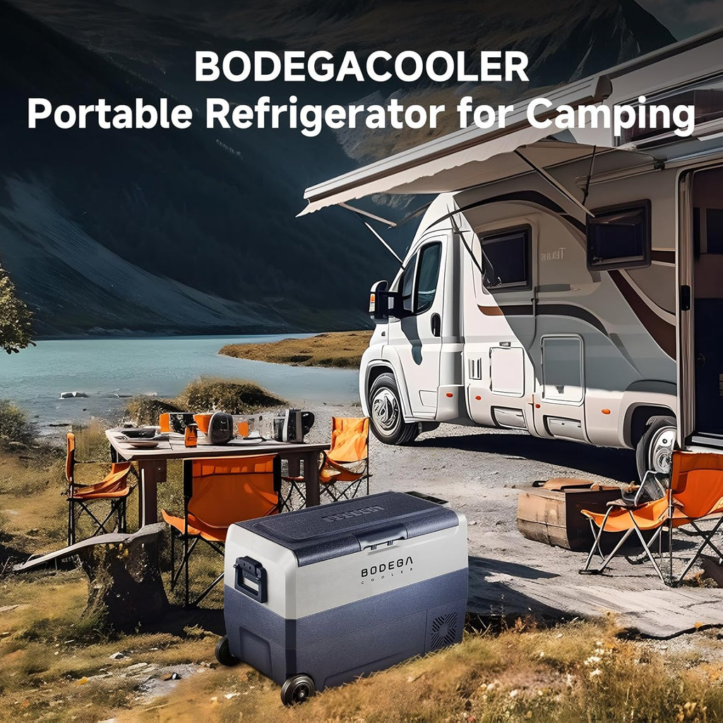 BODEGACOOLER 12 Volt Portable Refrigerator,53 Quart Car Fridge Freezer Dual Zone APP Control,（50L）-4℉-68℉ RV Car Cooler 12/24V DC and 100-240V AC for Outdoor,Vehicles,Camping,Travel