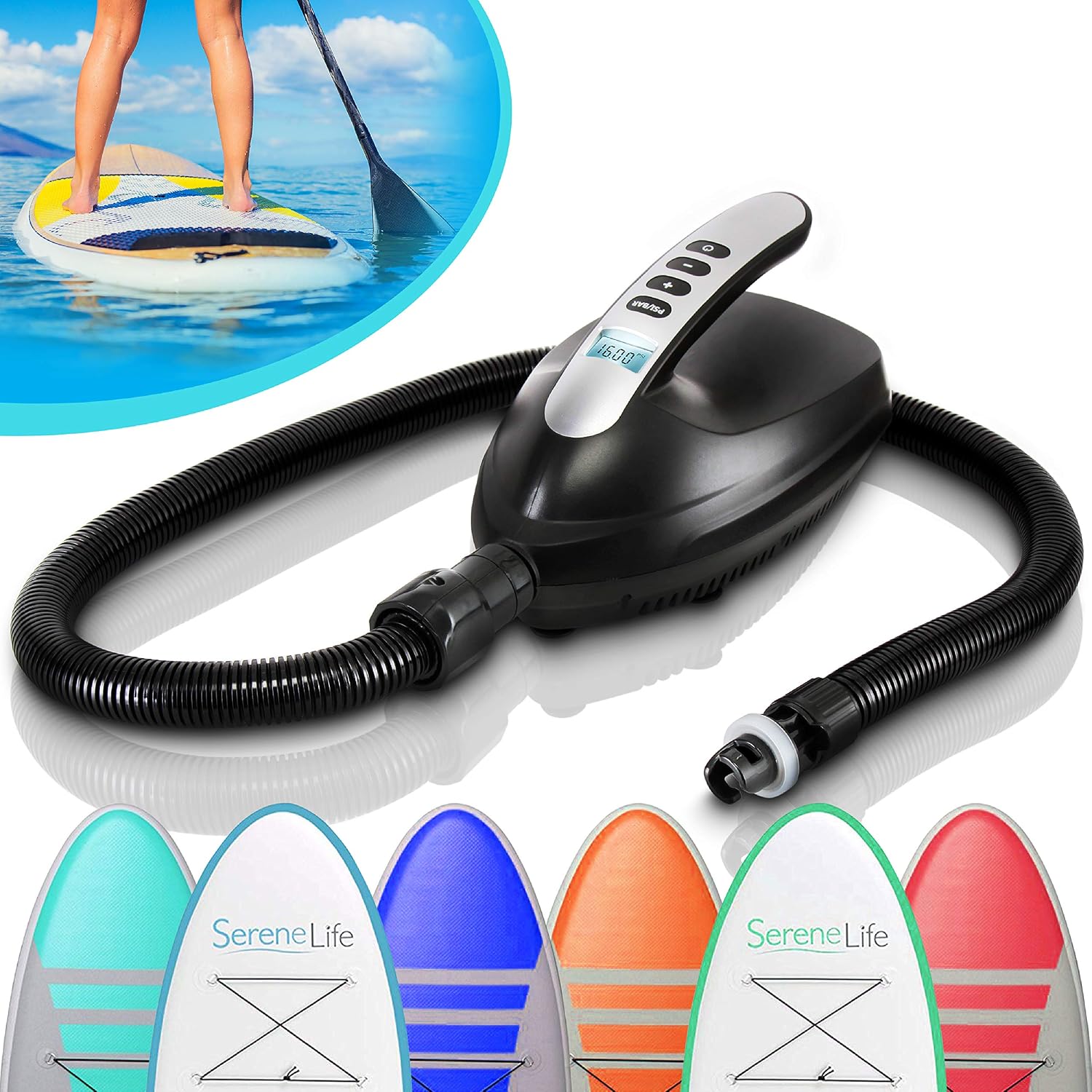 SereneLife Inflatable Stand Up Paddle Board (6 Inches Thick) Bundle with Electric Air Pump, Premium SUP Accessories & Carry Bag