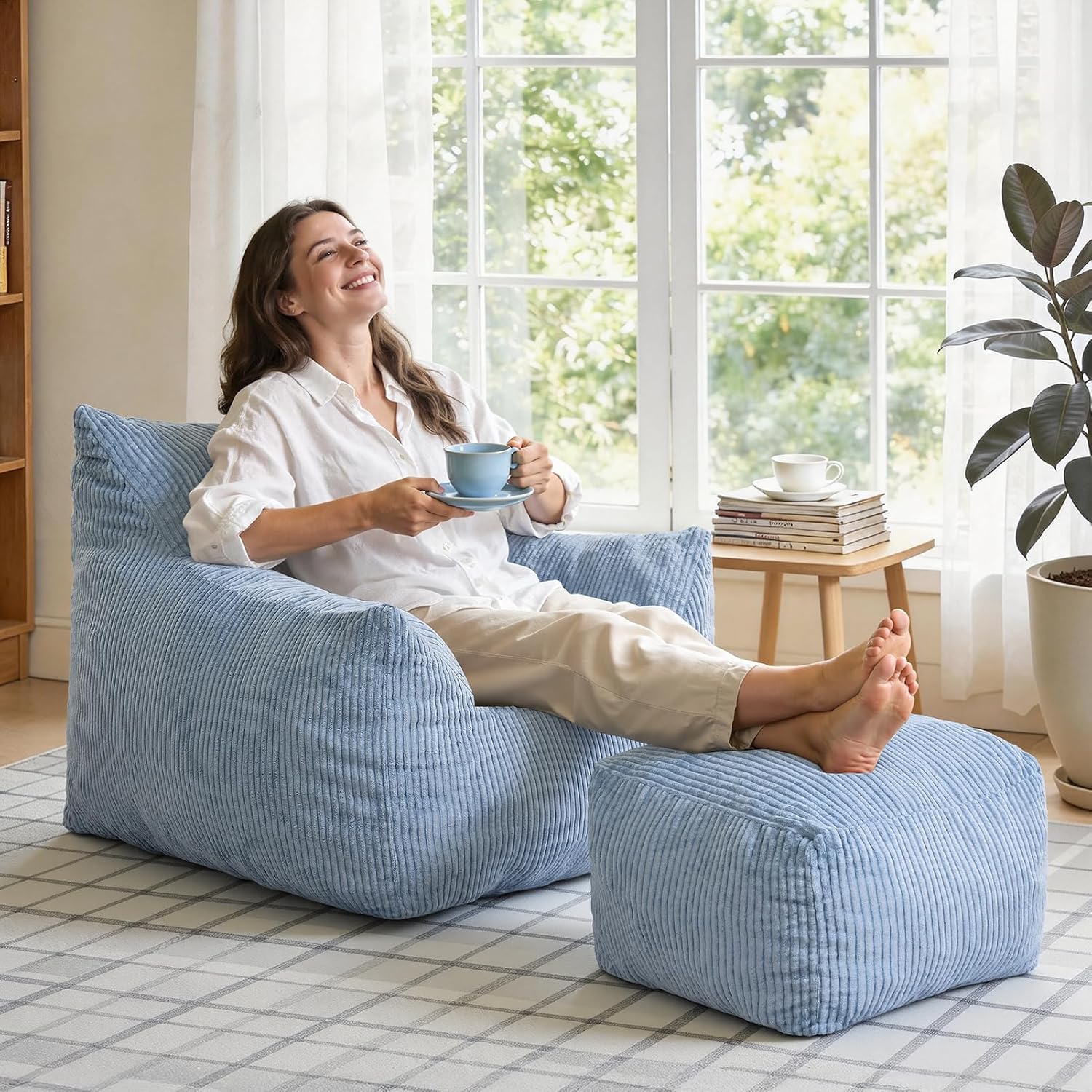 INMOZATA Bean Bag Chair with Ottoman, Cloud Boneless Couch - Oversized Memory Foam Beanbag Set for Adults & Teens, 3FT Plush Corduroy Comfy Lounge Sofa for Bedroom, Dorm & Reading Nook (Light Blue)