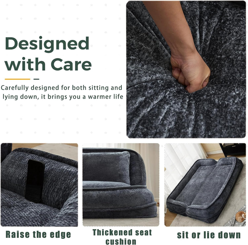 Floor Chair with Back Support, Human Dog Bed, Folding Loveseat with 5 Adjustable Position, 2 Pillows, Chenille Meditation Gaming Chair for Lazy Boys, Living Room, Lounge, Bedroom, Dark Grey
