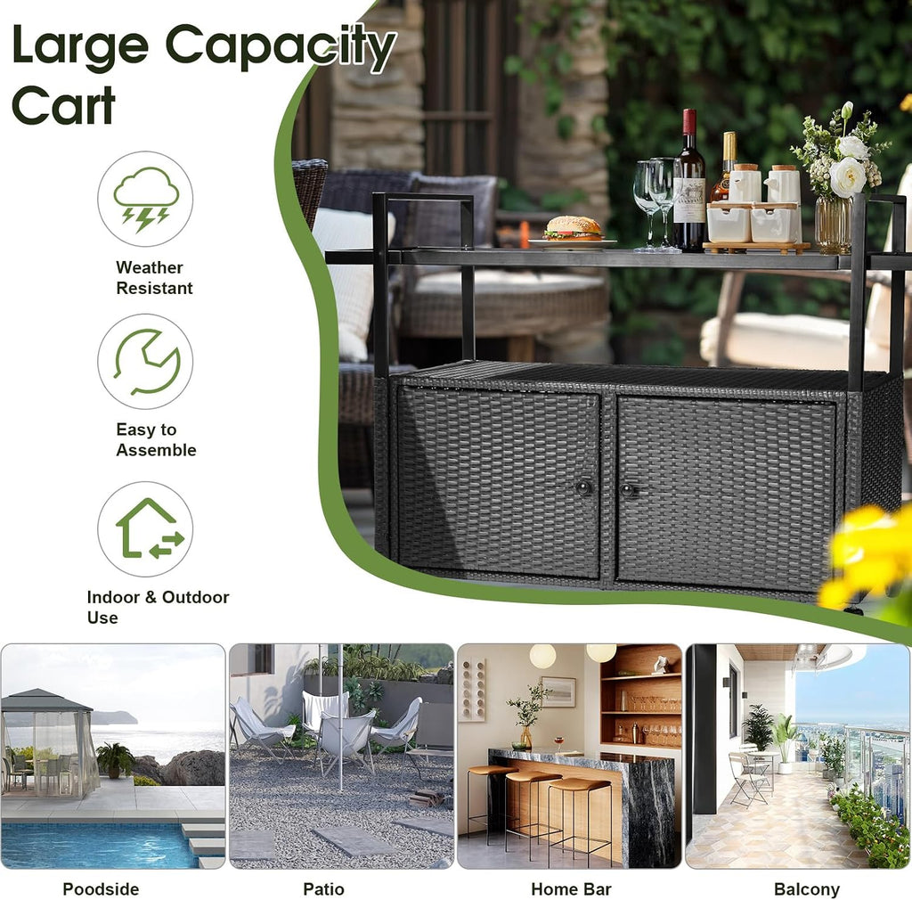 Outvita Patio Bar Table, Weatherproof Buffet Cabinet Wicker Outdoor Storage Cart with 2 Doors & Shelves Glass Tabletop for Tableware Wine Bottle and Glass, Towels, and Potting Supplies