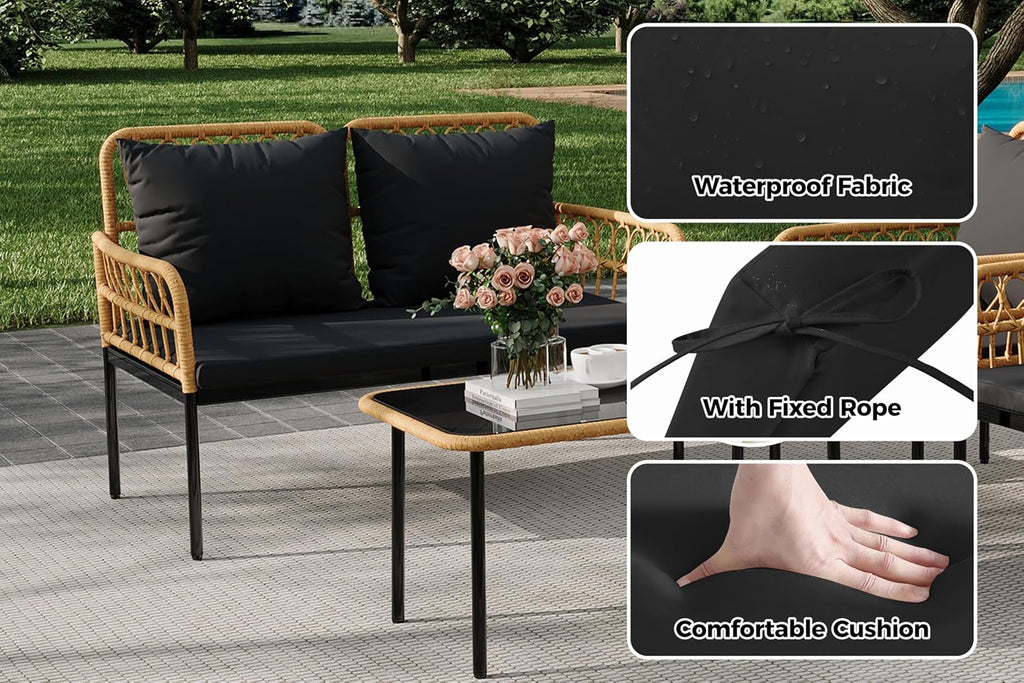 4 Pieces Outdoor Patio Furniture Set with Table - Rattan Balcony Furniture for Porch or Deck, Includes Chaise Lounge, 2 Armchairs with Cushions and Pillows for Porch Backyard Lawn Poolside Deck, Black