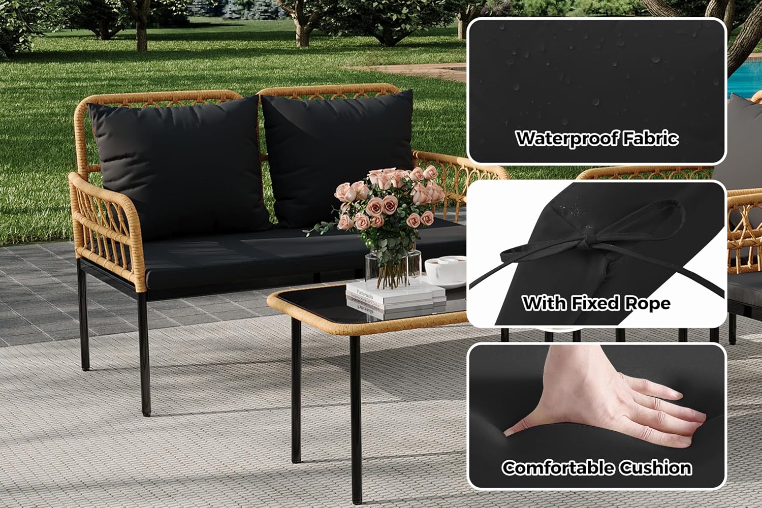 4 Pieces Outdoor Patio Furniture Set with Table - Rattan Balcony Furniture for Porch or Deck, Includes Chaise Lounge, 2 Armchairs with Cushions and Pillows for Porch Backyard Lawn Poolside Deck, Black