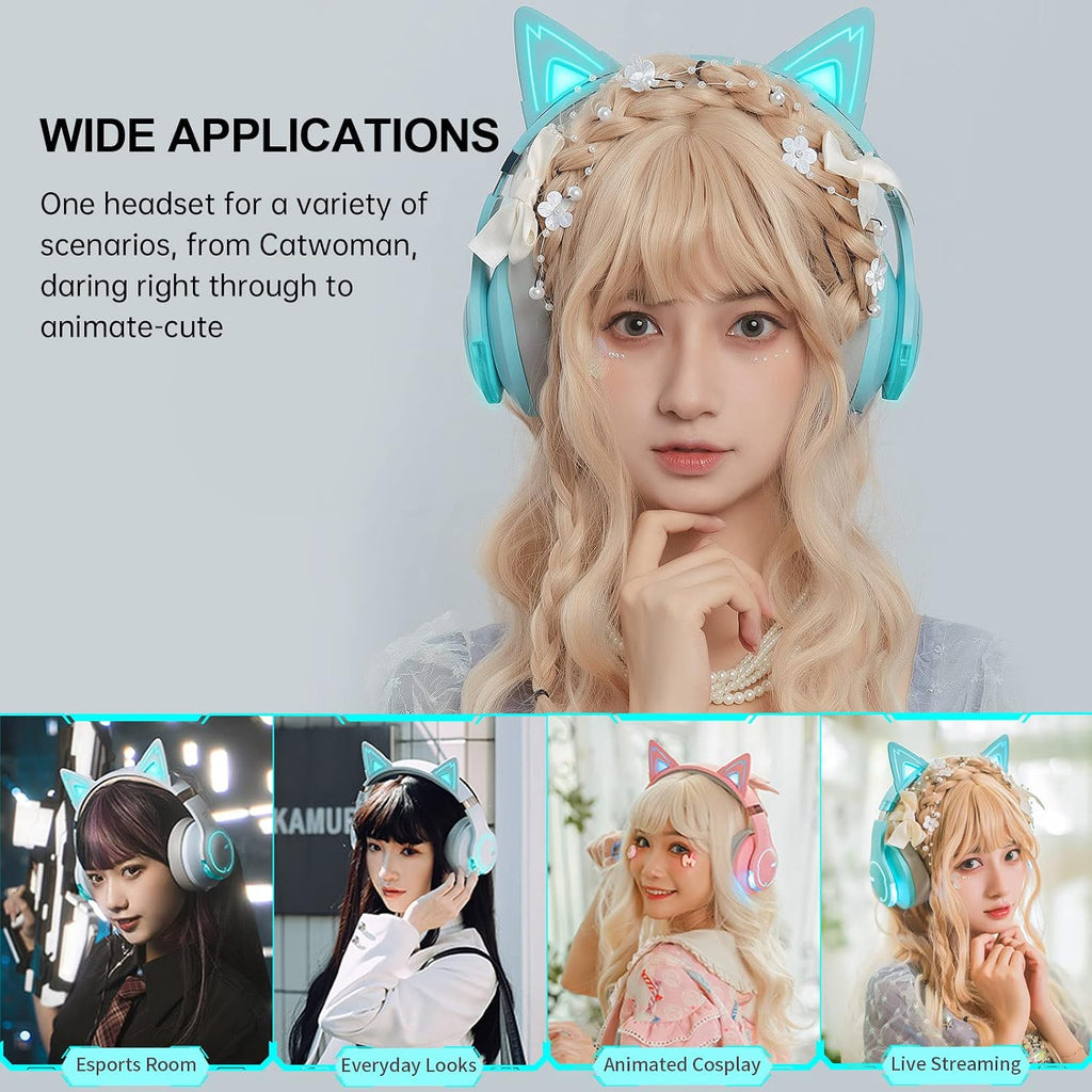 Edifier G5BT CAT Wireless Gaming Headset with Dual Mic, Bluetooth Gaming Headphones with Detachable Cat Ear for PC, PS5, PS4, Nintendo Switch, RGB Light - Turquoise