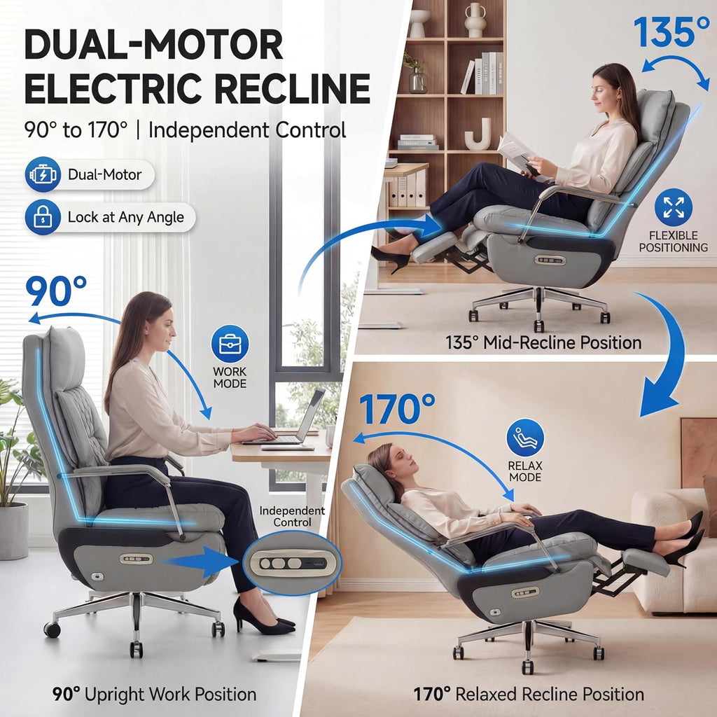 Dual Motor Executive Reclining Office Chair with Footrest – One-Click Electric Recline, Massage Lumbar Support & Pillow, Big and Tall PU Leather Ergonomic Desk Chair for Home Office(Gray)
