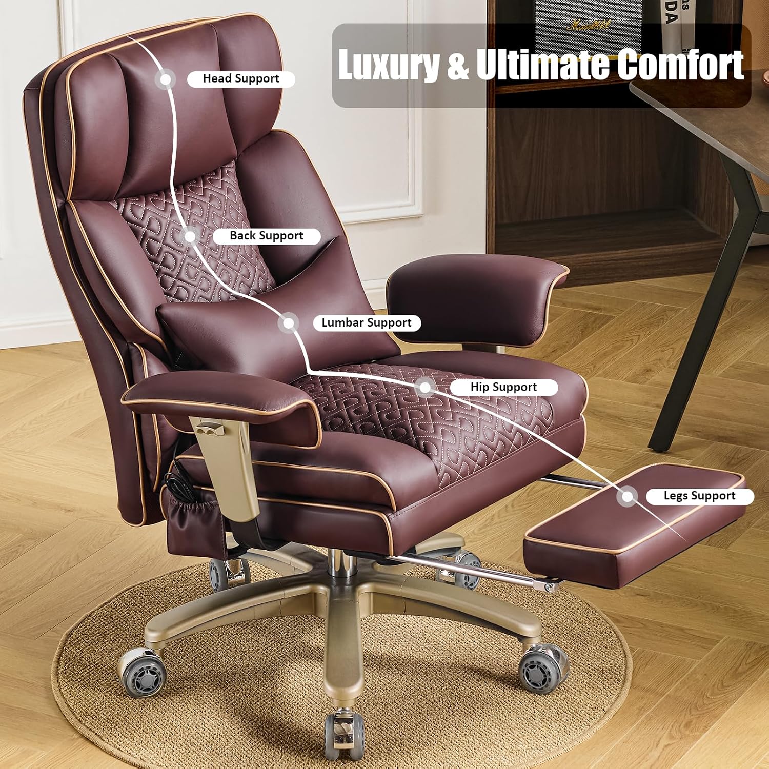 Executive Desk Chir with Adjustable Air Back Support, Luxury Ergonomic PU Leather Office Chair with Lumbar Massage High-Back 3-Level Tilt 360° Swivel Silent Wheels Height Adjustment,Footrest, Brown