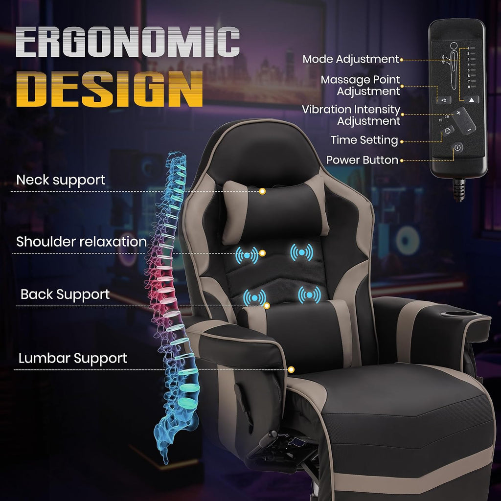 Massage Gaming Recliner Chair with Cup Holder & Side Pockets – Ergonomic PU Leather Video Gaming Chair with Footrest, Manual Recline, Headrest & Lumbar Support for Office or Game Room (Grey)